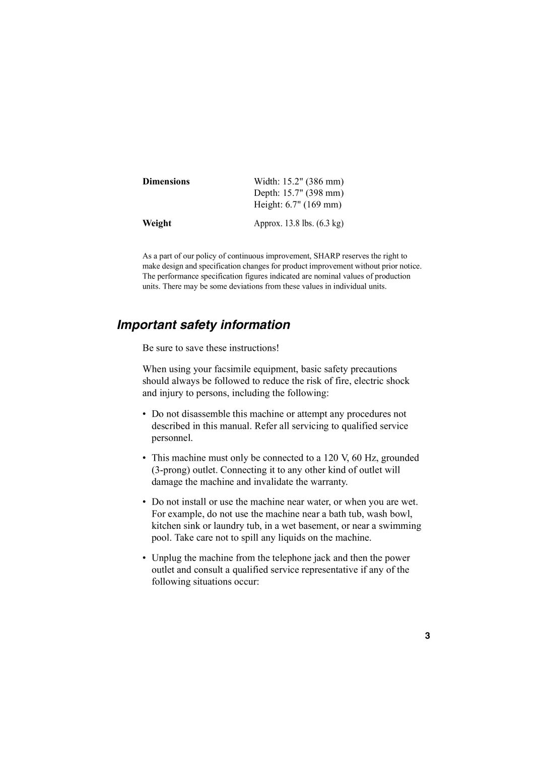 Sharp FO-2950M operation manual Important safety information, Weight 