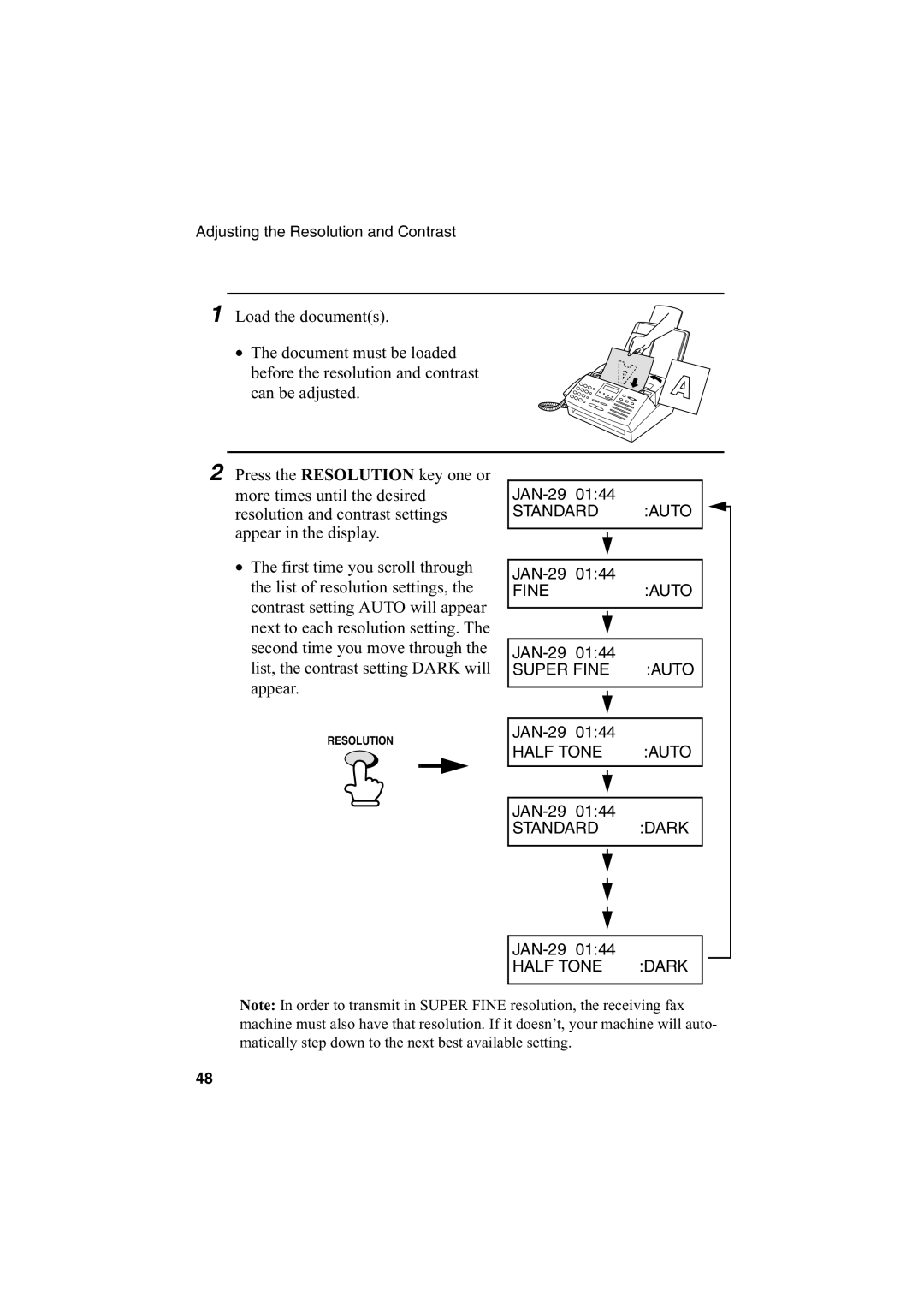 Sharp FO-2950M operation manual Resolution and contrast settings 