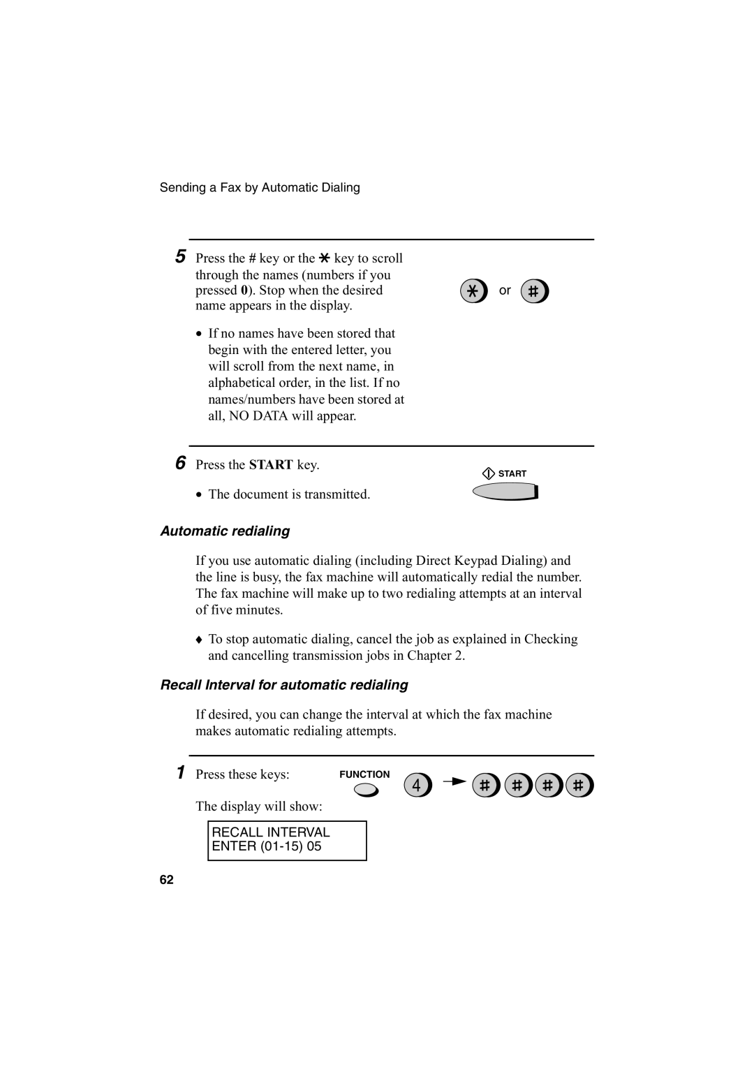 Sharp FO-2950M operation manual Automatic redialing, Recall Interval for automatic redialing 