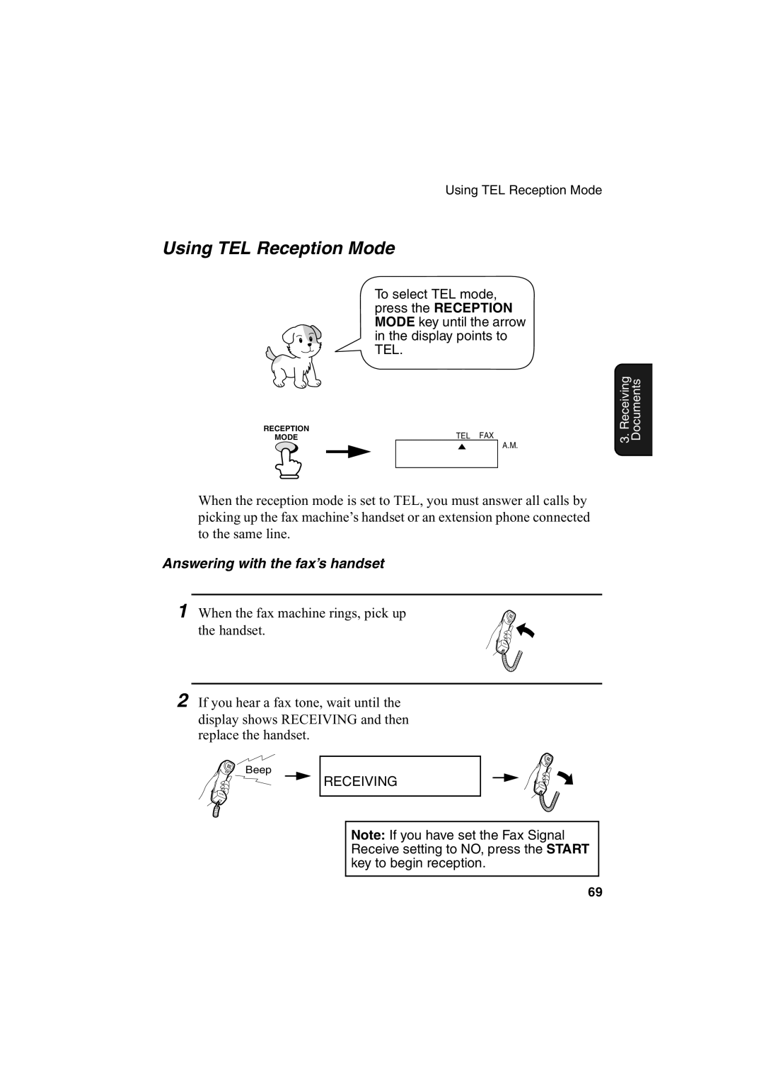 Sharp FO-2950M operation manual Using TEL Reception Mode, Answering with the fax’s handset 