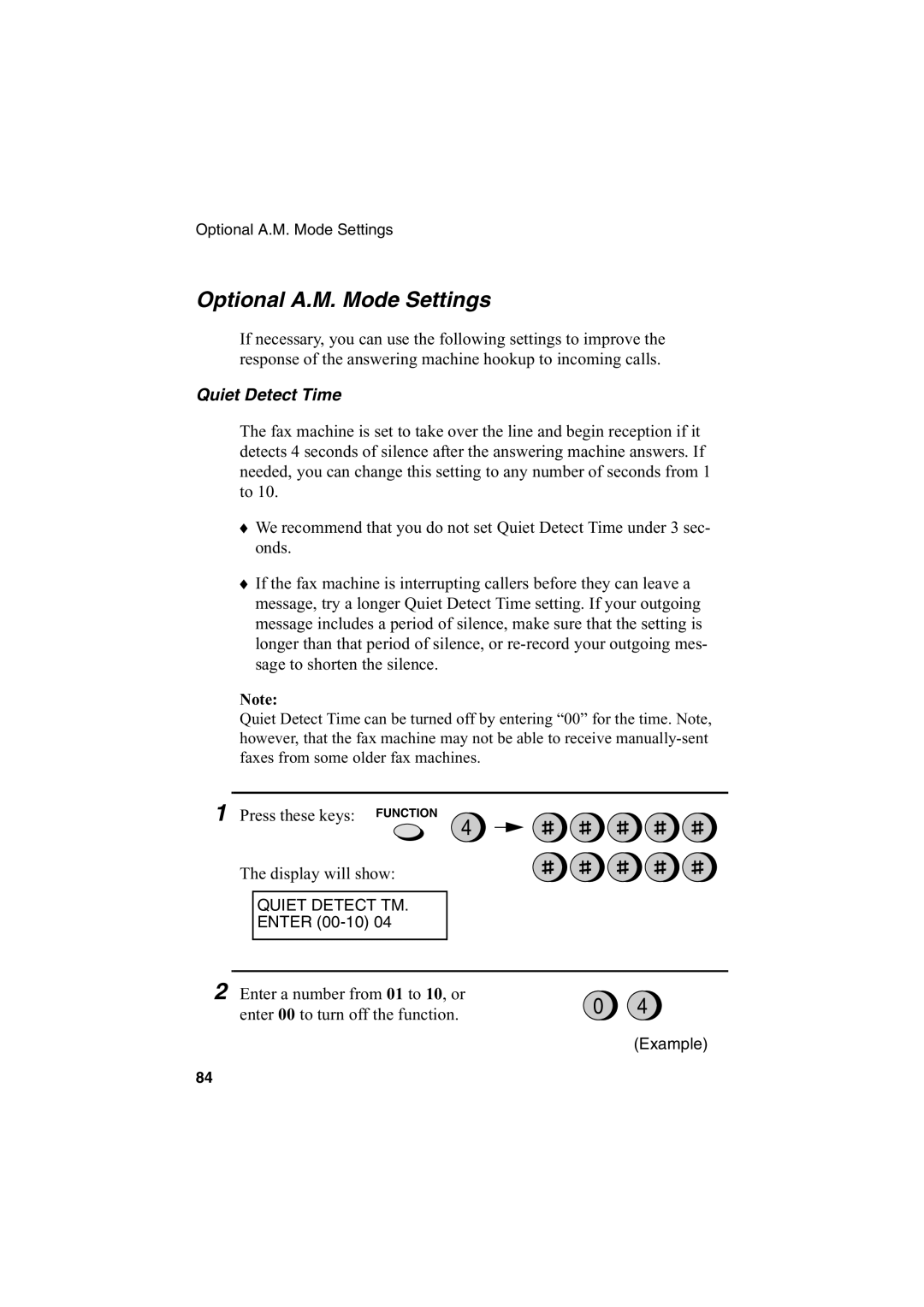 Sharp FO-2950M operation manual Optional A.M. Mode Settings, Quiet Detect Time 