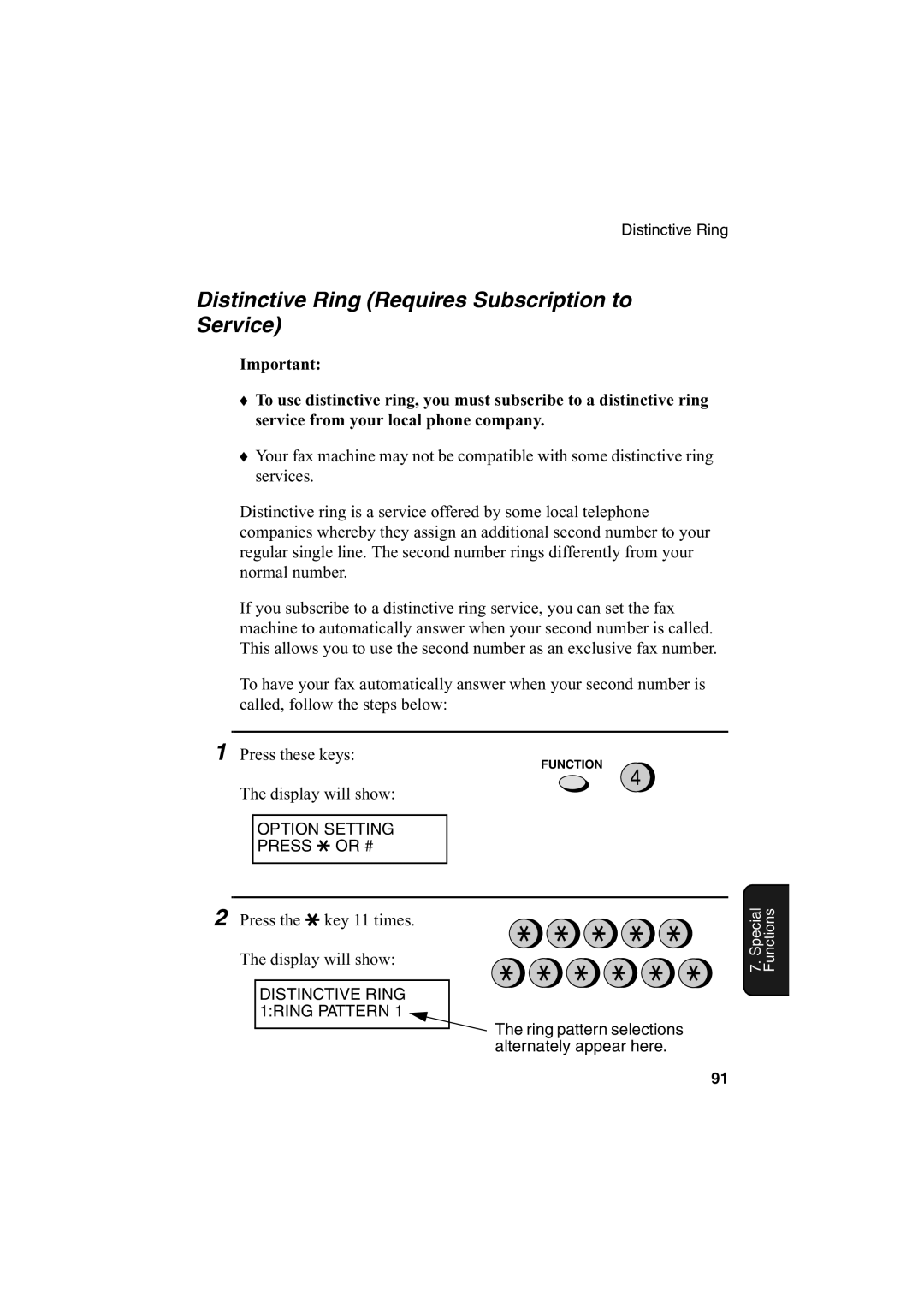 Sharp FO-2950M Distinctive Ring Requires Subscription to Service, Press the * key 11 times Display will show 