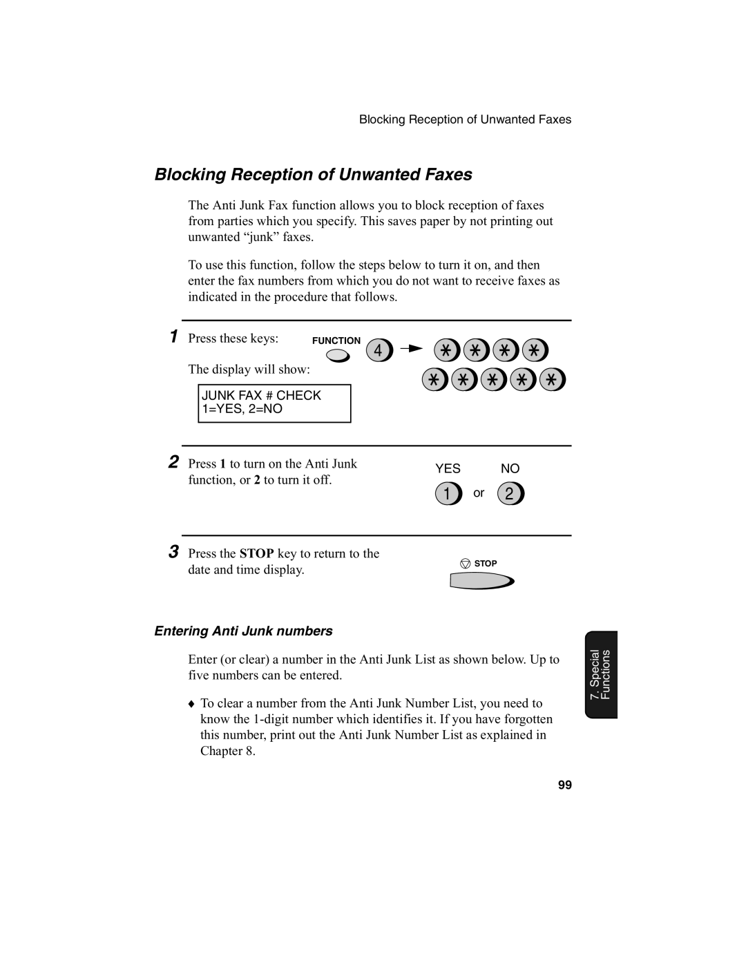 Sharp FO-2970M operation manual Blocking Reception of Unwanted Faxes, Entering Anti Junk numbers 