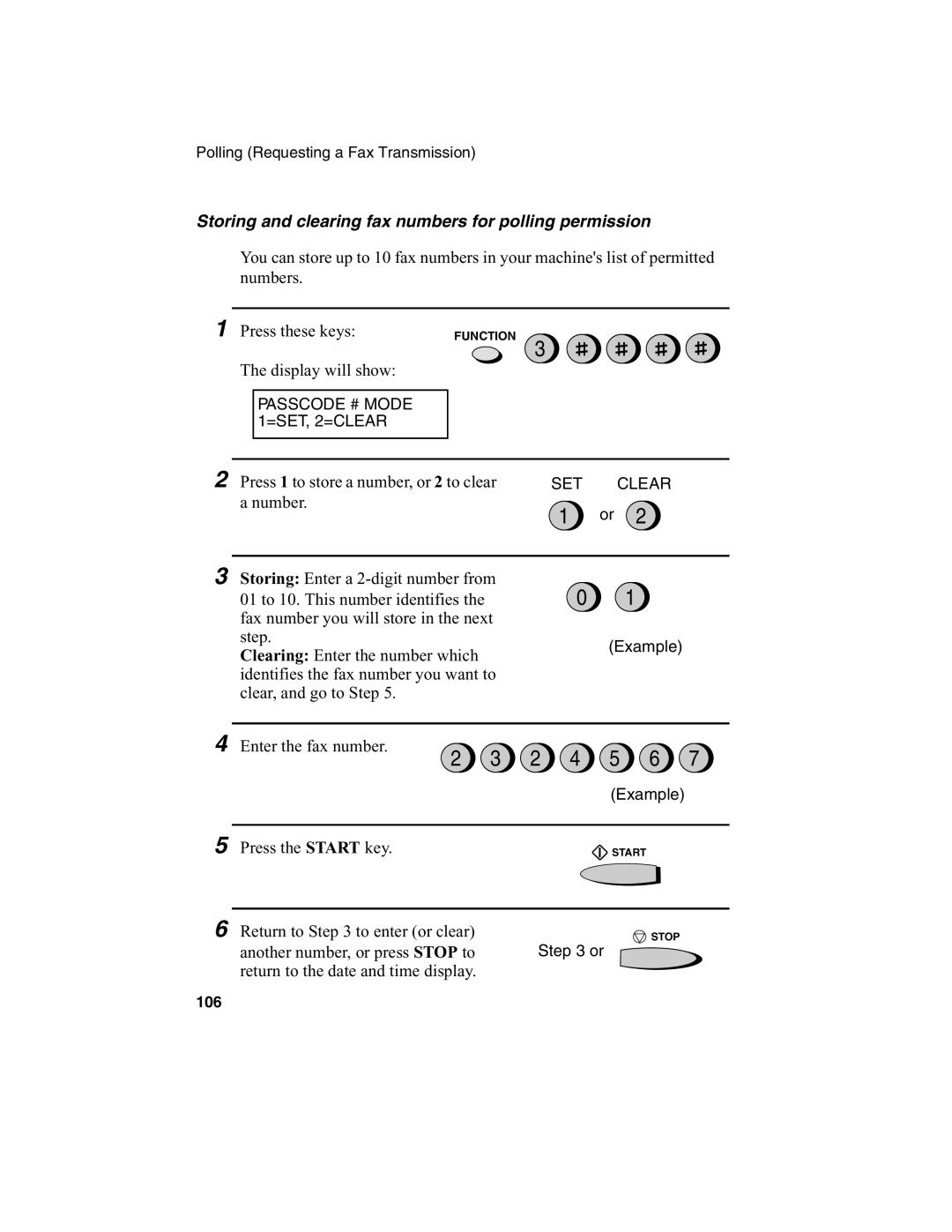 Sharp FO-2970M operation manual Storing and clearing fax numbers for polling permission, Press these keys 