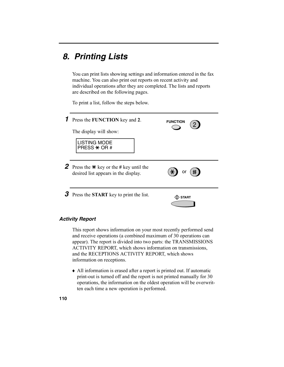 Sharp FO-2970M operation manual Printing Lists, Activity Report 