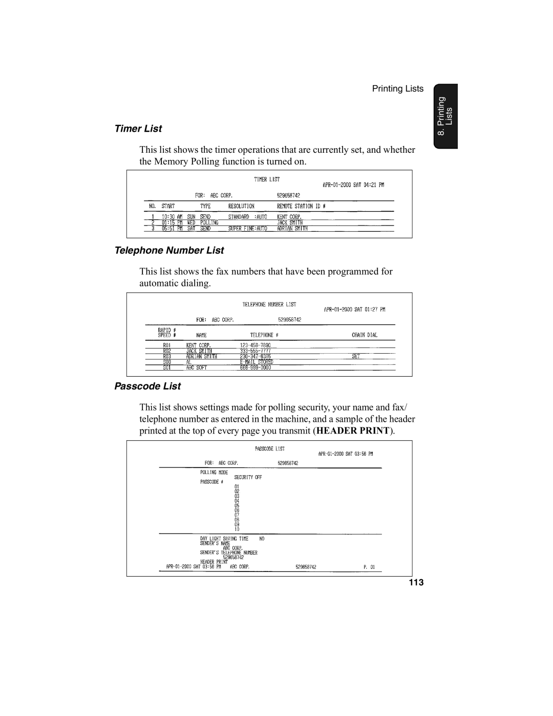 Sharp FO-2970M operation manual Timer List, Telephone Number List, Passcode List 