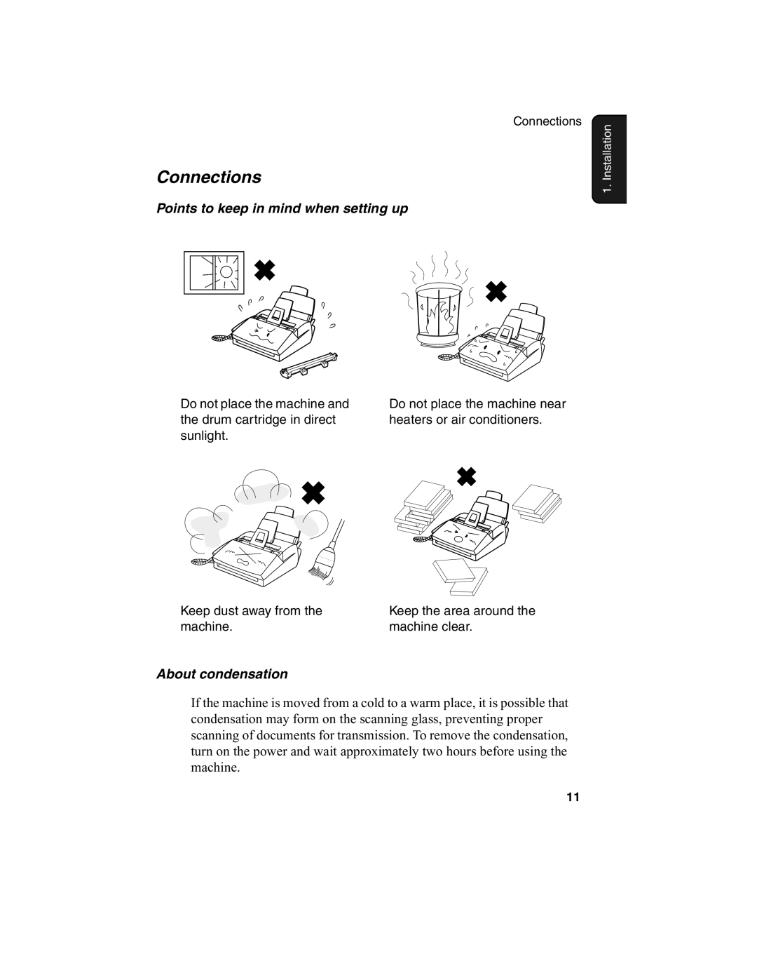 Sharp FO-2970M operation manual Connections, Points to keep in mind when setting up, About condensation 