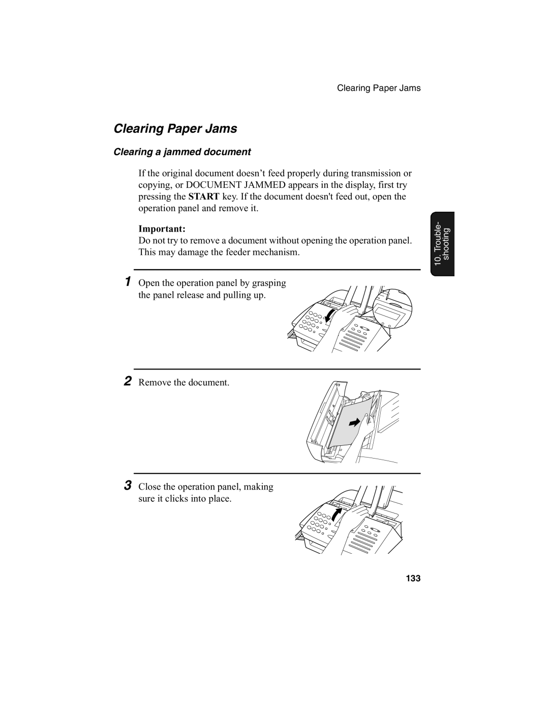 Sharp FO-2970M operation manual Clearing Paper Jams, Clearing a jammed document 