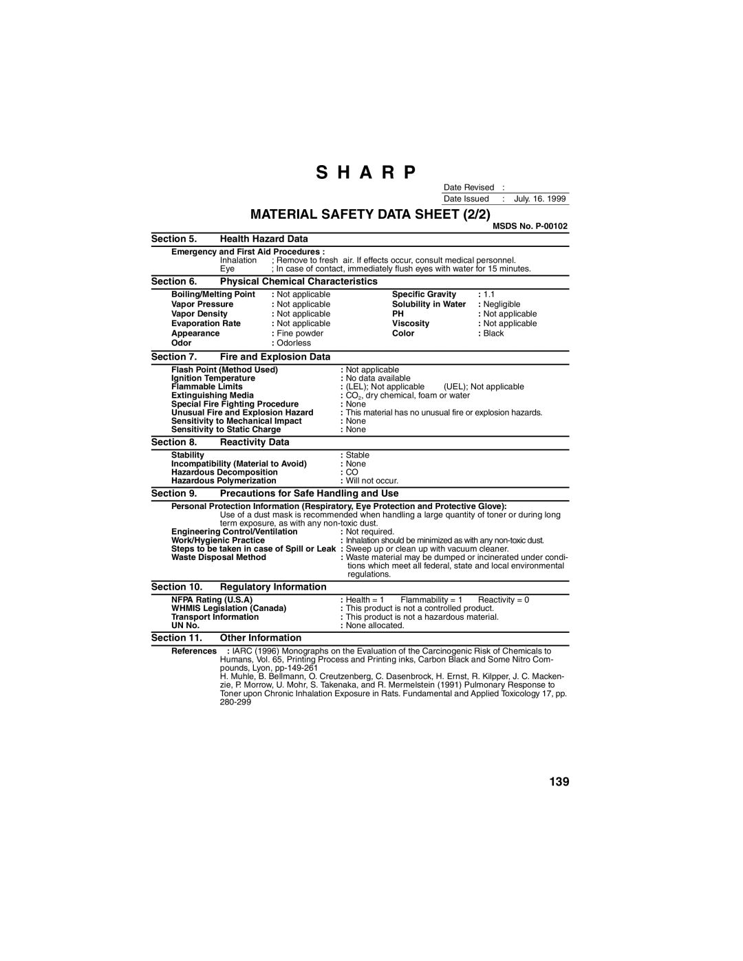 Sharp FO-2970M operation manual Material Safety Data Sheet 2/2 