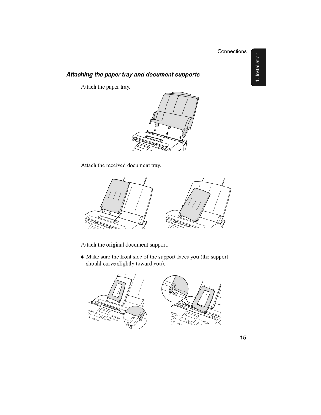 Sharp FO-2970M operation manual Attaching the paper tray and document supports 