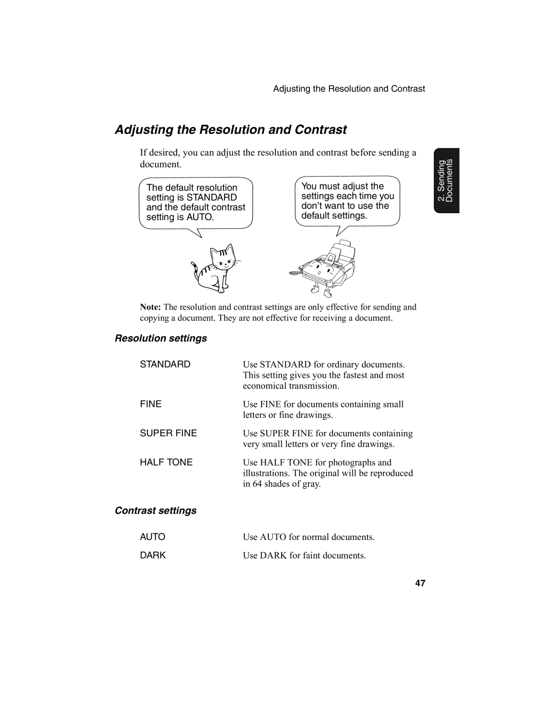 Sharp FO-2970M operation manual Adjusting the Resolution and Contrast, Resolution settings, Contrast settings 