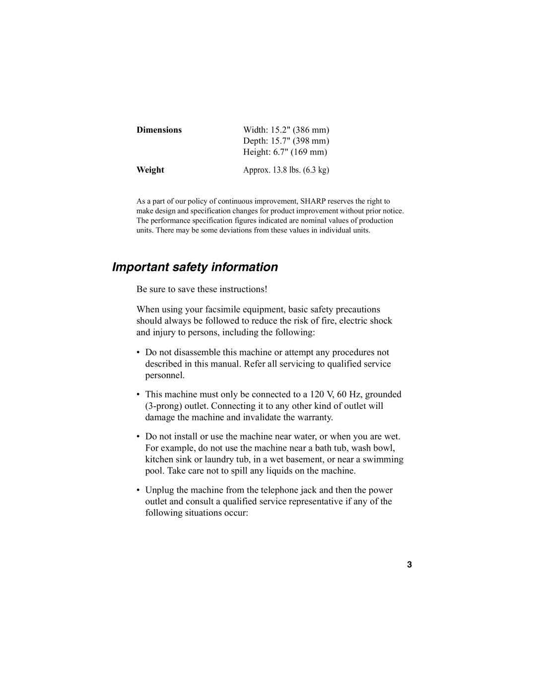 Sharp FO-2970M operation manual Important safety information, Weight 