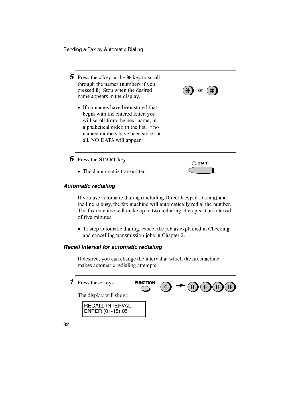 Sharp FO-2970M operation manual Automatic redialing, Recall Interval for automatic redialing 