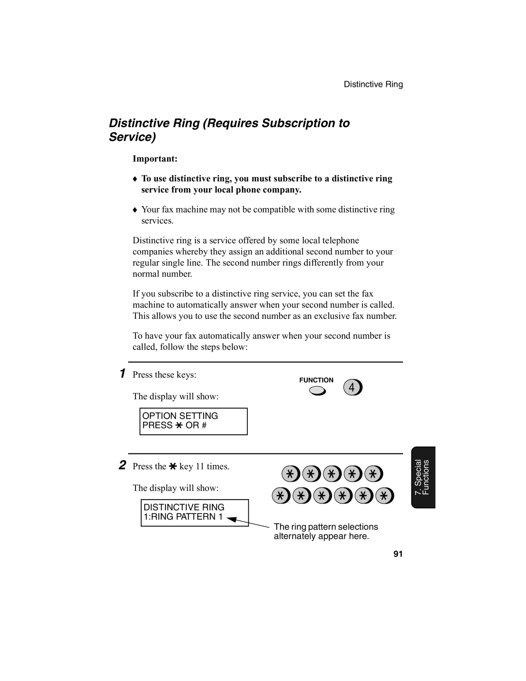 Sharp FO-2970M Distinctive Ring Requires Subscription to Service, Press the * key 11 times Display will show 