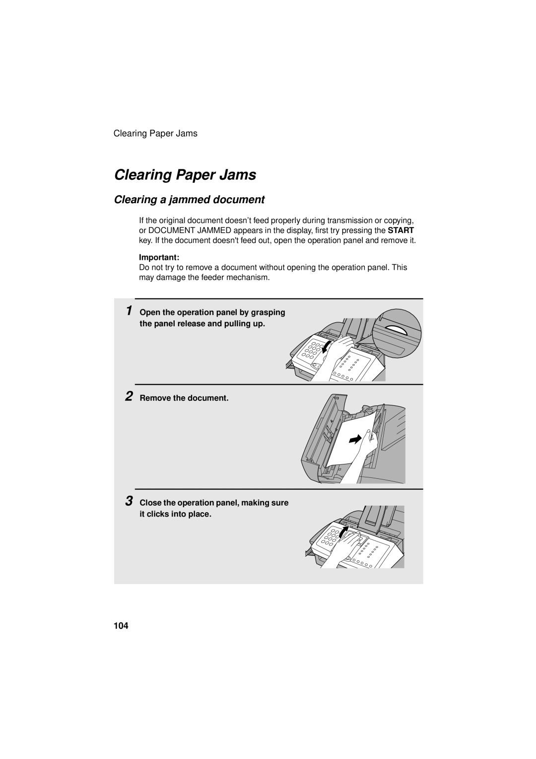 Sharp FO-3150 operation manual Clearing Paper Jams, Clearing a jammed document 