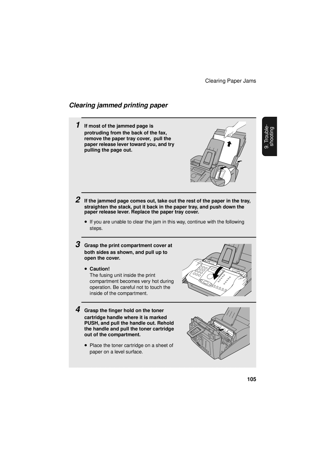 Sharp FO-3150 operation manual Clearing jammed printing paper, 105 