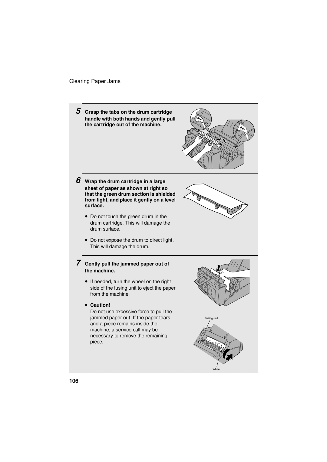 Sharp FO-3150 operation manual 106, Gently pull the jammed paper out of the machine 