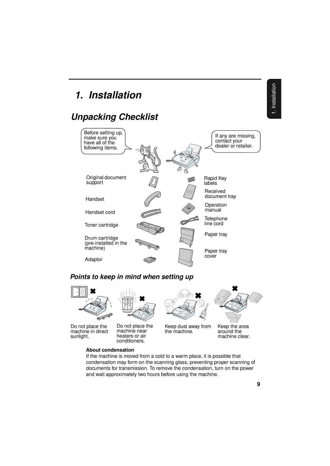 Sharp FO-3150 Installation, Unpacking Checklist, Points to keep in mind when setting up, About condensation 