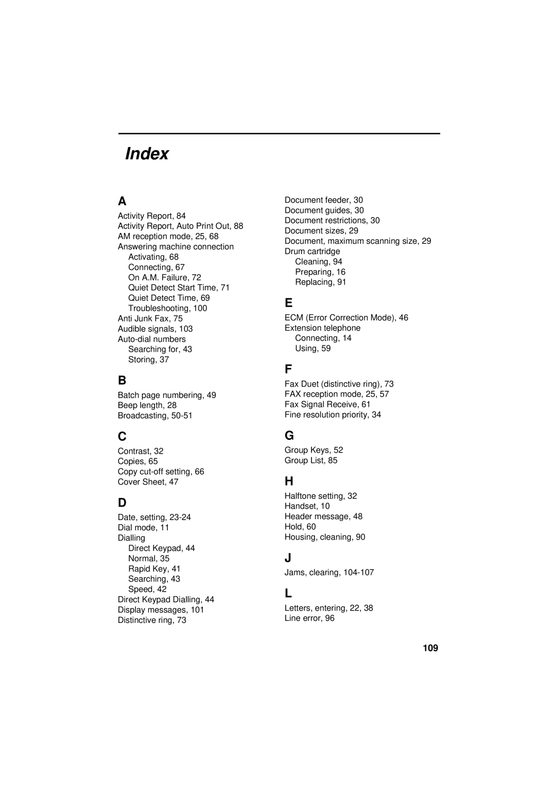 Sharp FO-3150 operation manual Index, 109 