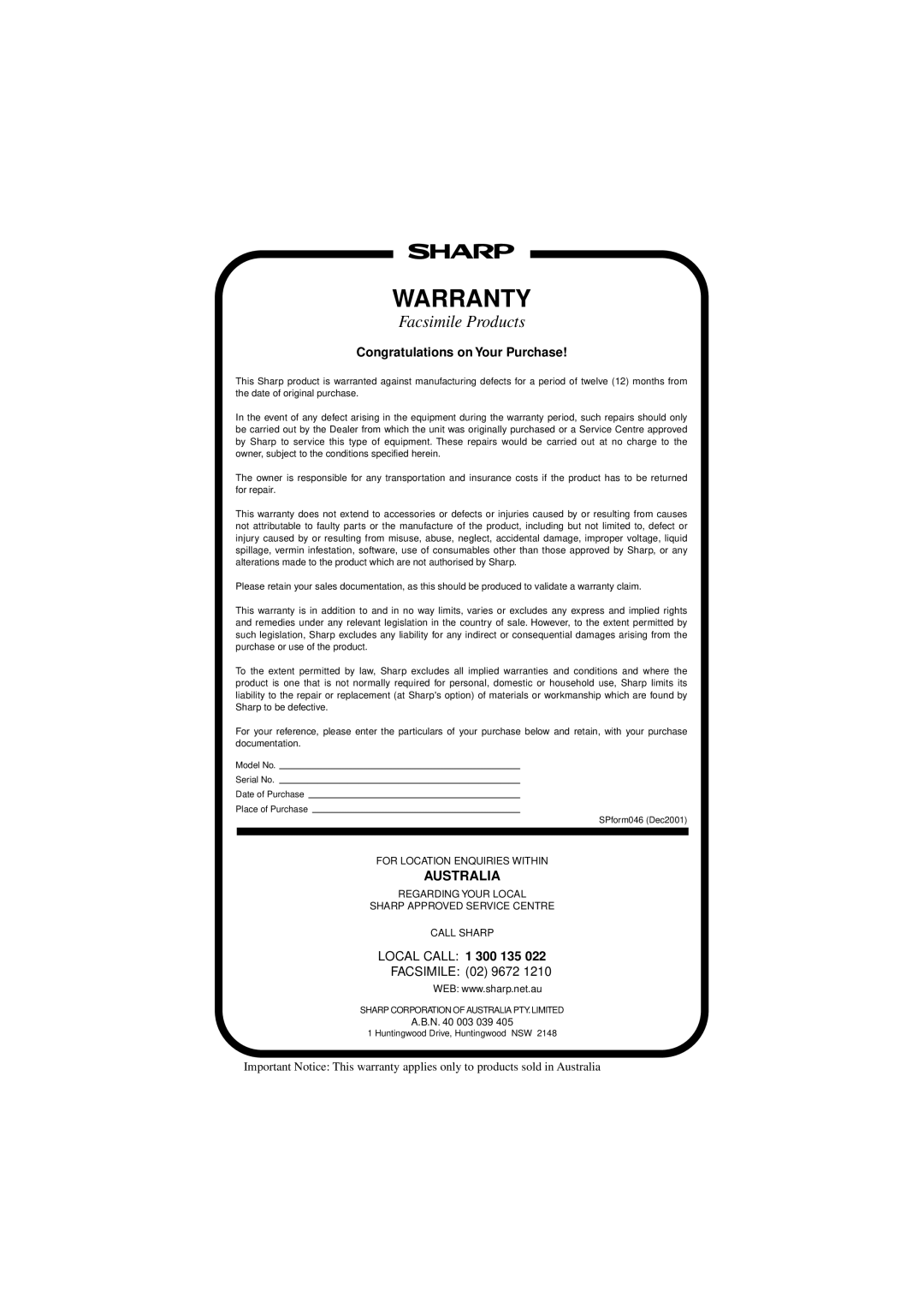 Sharp FO-3150 operation manual Warranty 