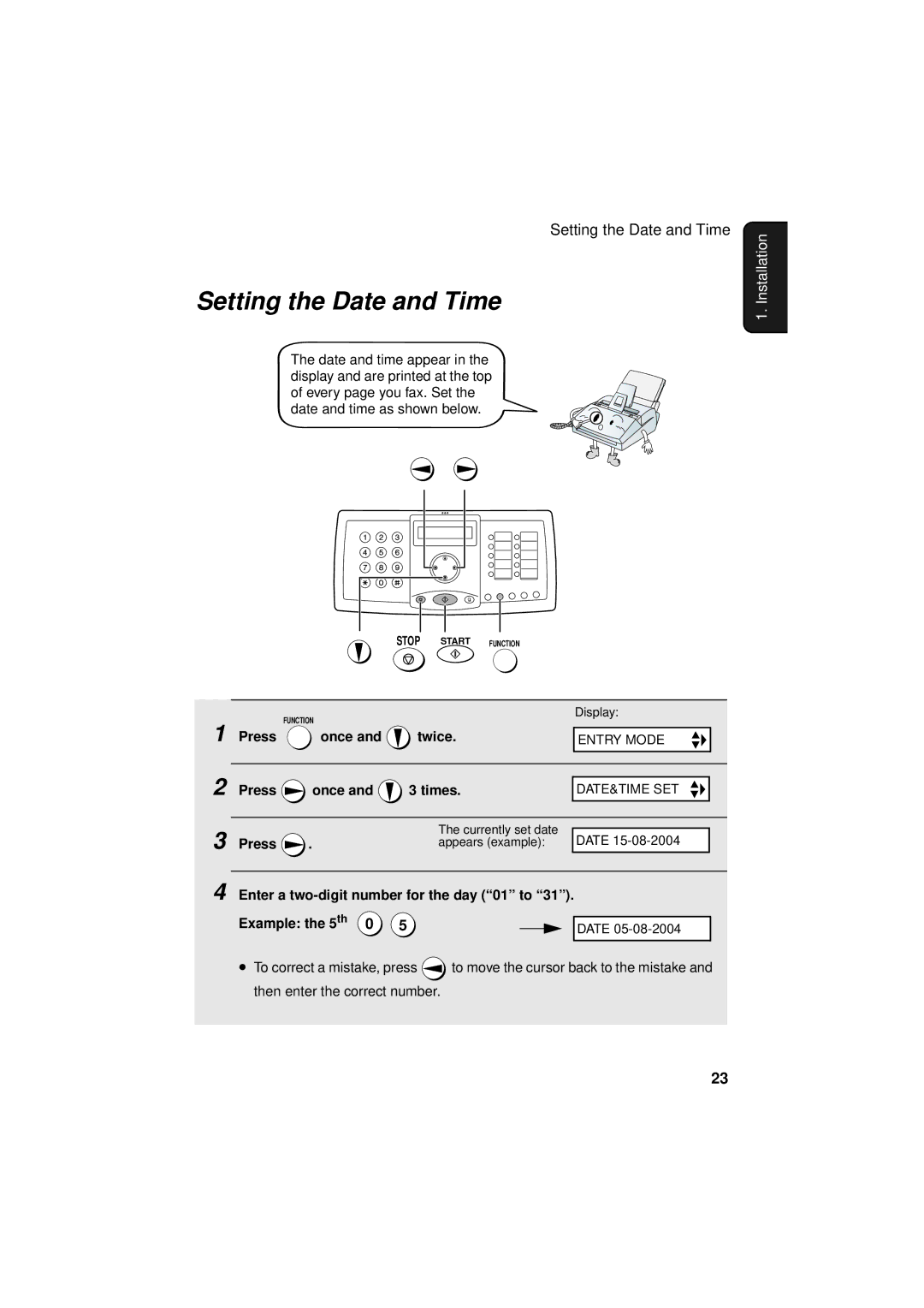 Sharp FO-3150 operation manual Setting the Date and Time, Press once and twice, Press once and 3 times 