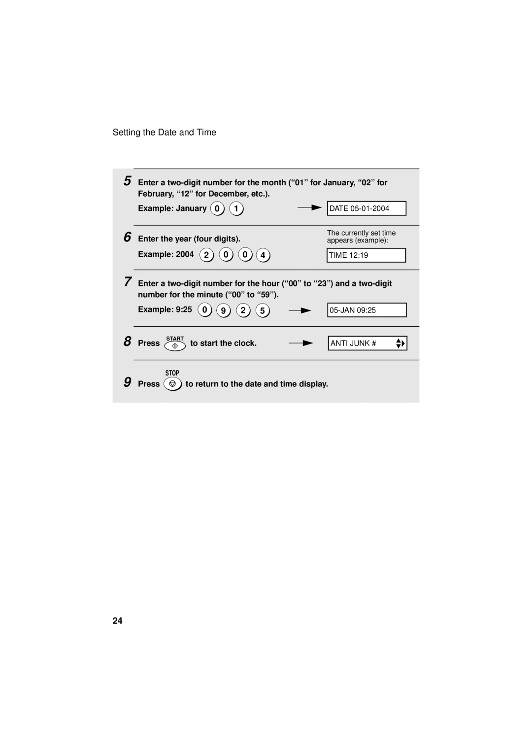 Sharp FO-3150 operation manual Enter the year four digits Example 2004, Press Start to start the clock 