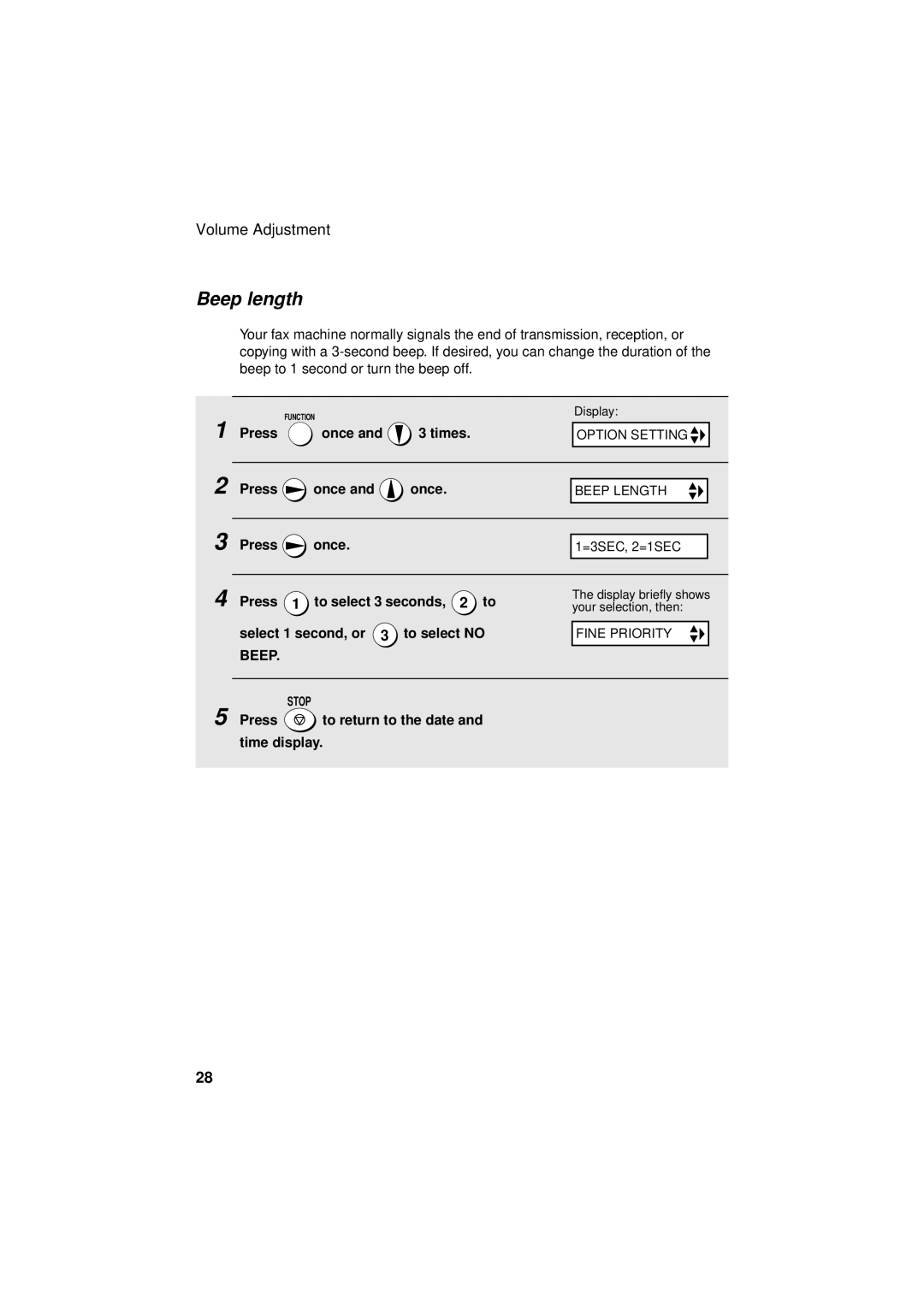 Sharp FO-3150 operation manual Beep length, Press 1 to select 3 seconds, 2 to, Select 1 second, or 3 to select no 