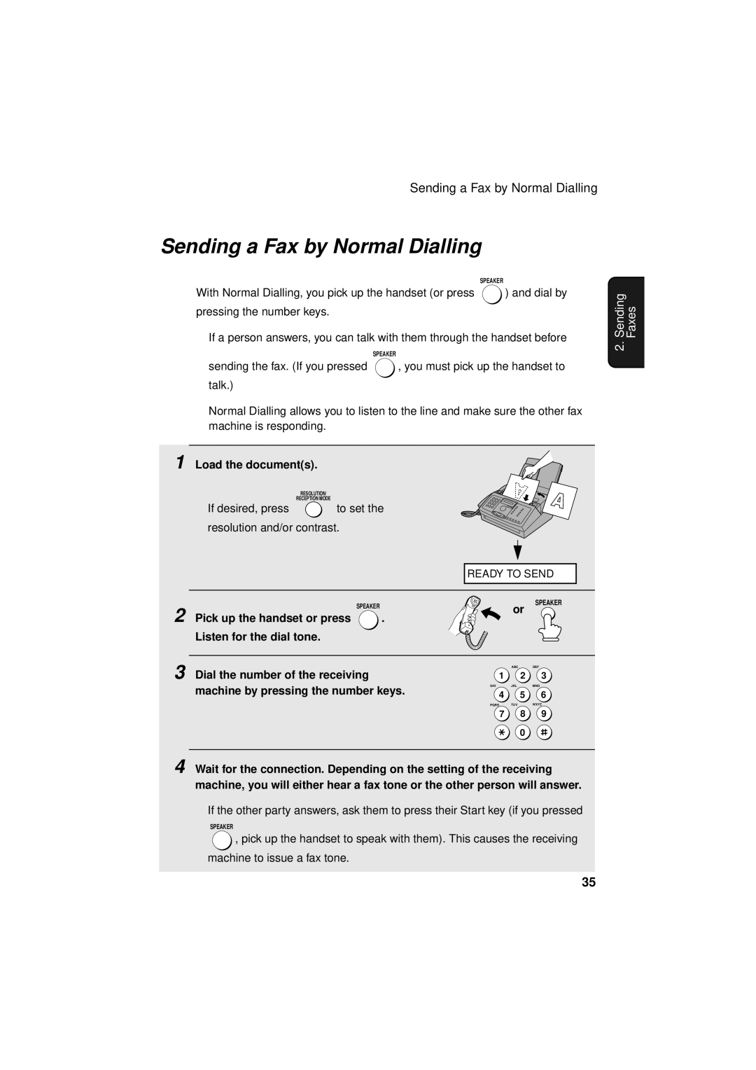 Sharp FO-3150 operation manual Sending a Fax by Normal Dialling, Pick up the handset or press Listen for the dial tone 