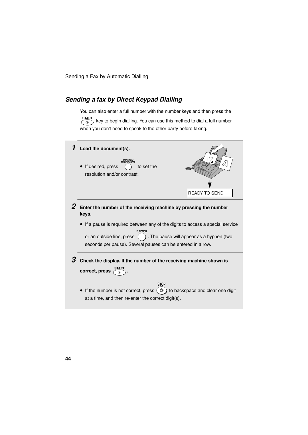 Sharp FO-3150 operation manual Sending a fax by Direct Keypad Dialling 