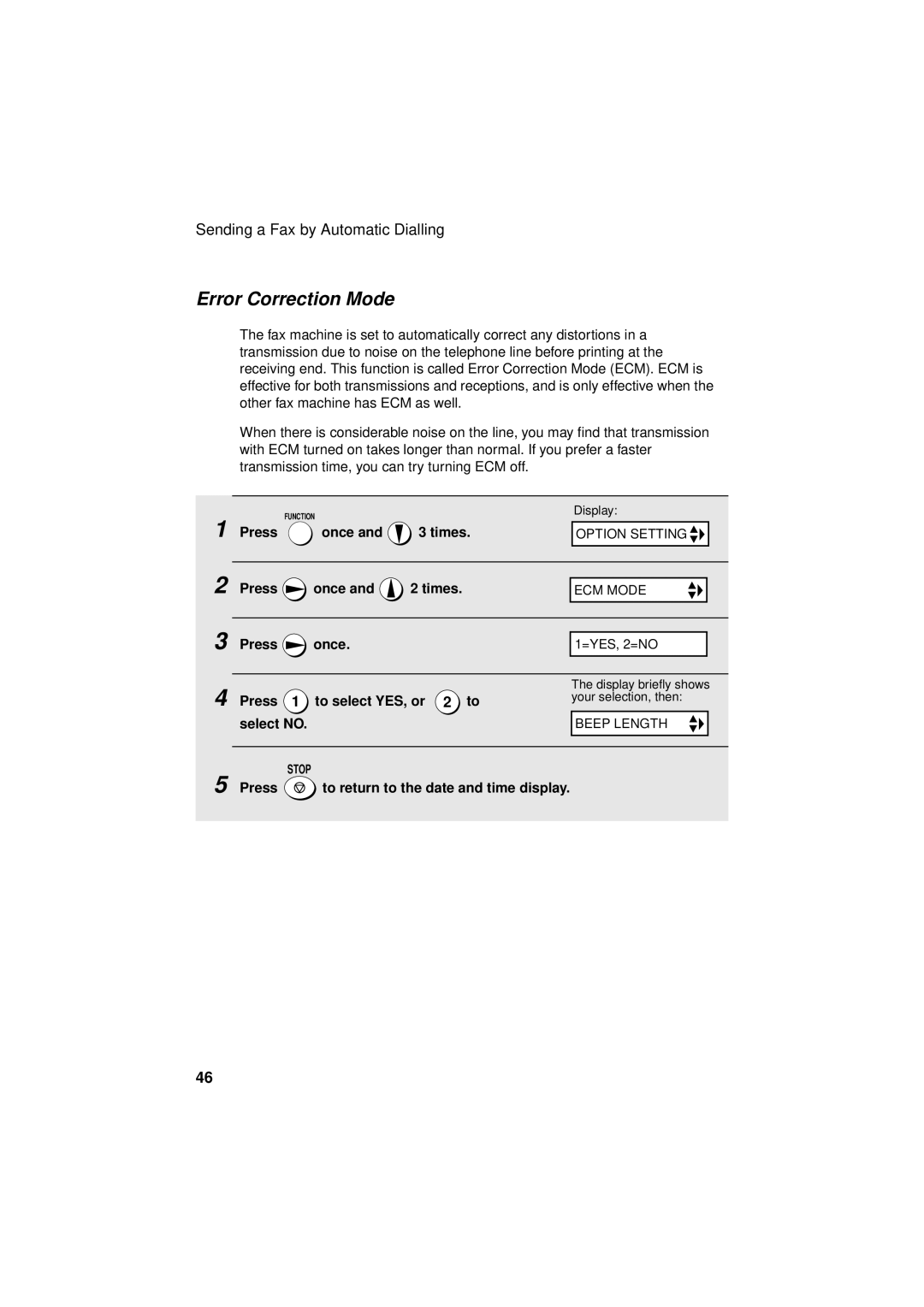 Sharp FO-3150 operation manual Error Correction Mode, Press 1 to select YES, or, Select no 