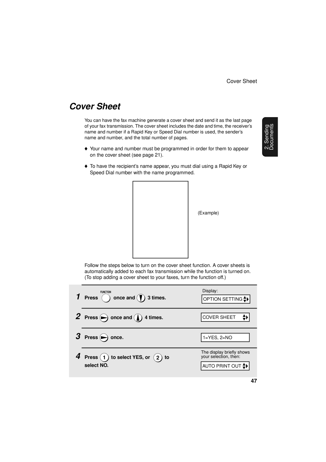 Sharp FO-3150 operation manual Cover Sheet, Press To select YES, or 2 to 