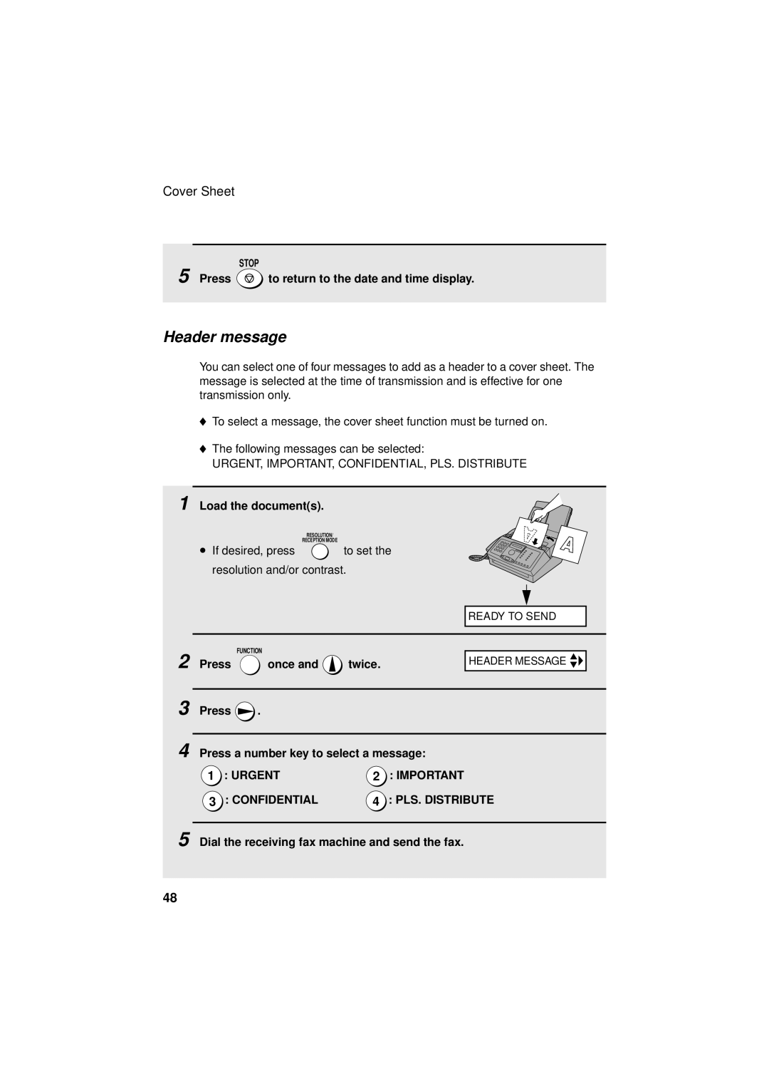 Sharp FO-3150 operation manual Header message, Press Press a number key to select a message 