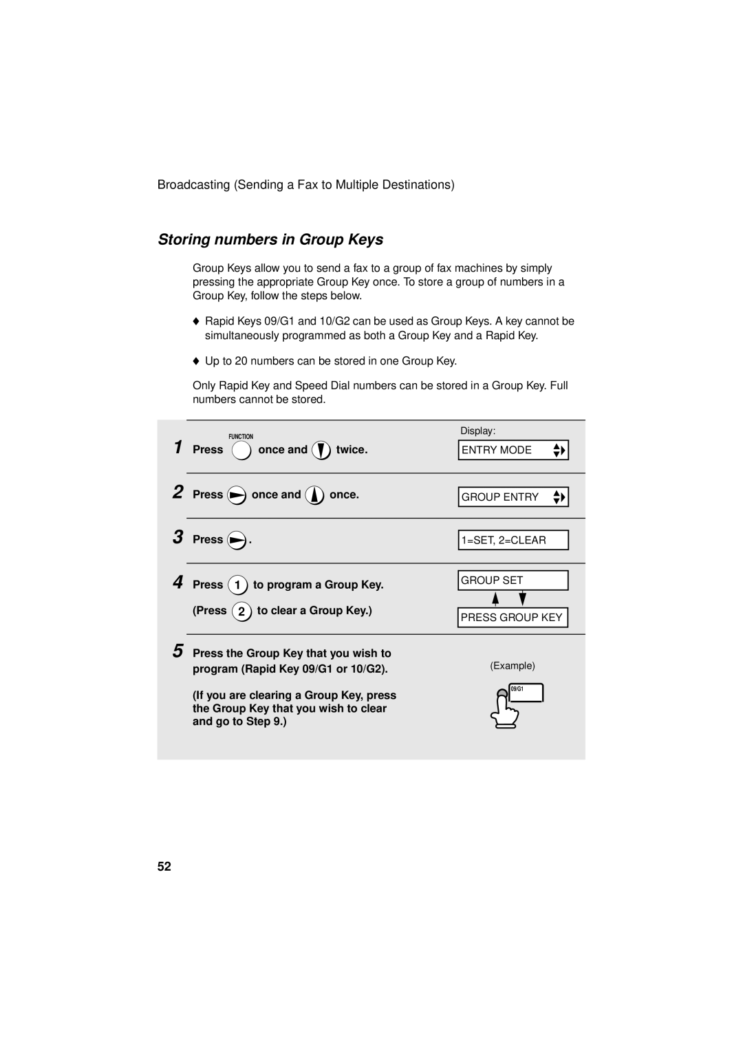 Sharp FO-3150 operation manual Storing numbers in Group Keys, Press To program a Group Key, Press To clear a Group Key 