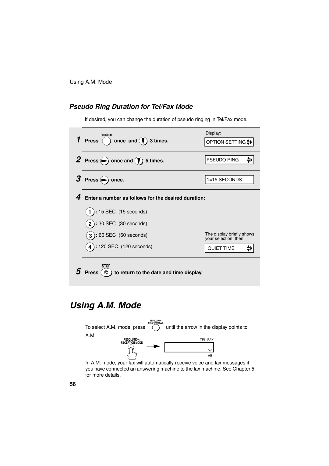 Sharp FO-3150 Using A.M. Mode, Pseudo Ring Duration for Tel/Fax Mode, Enter a number as follows for the desired duration 