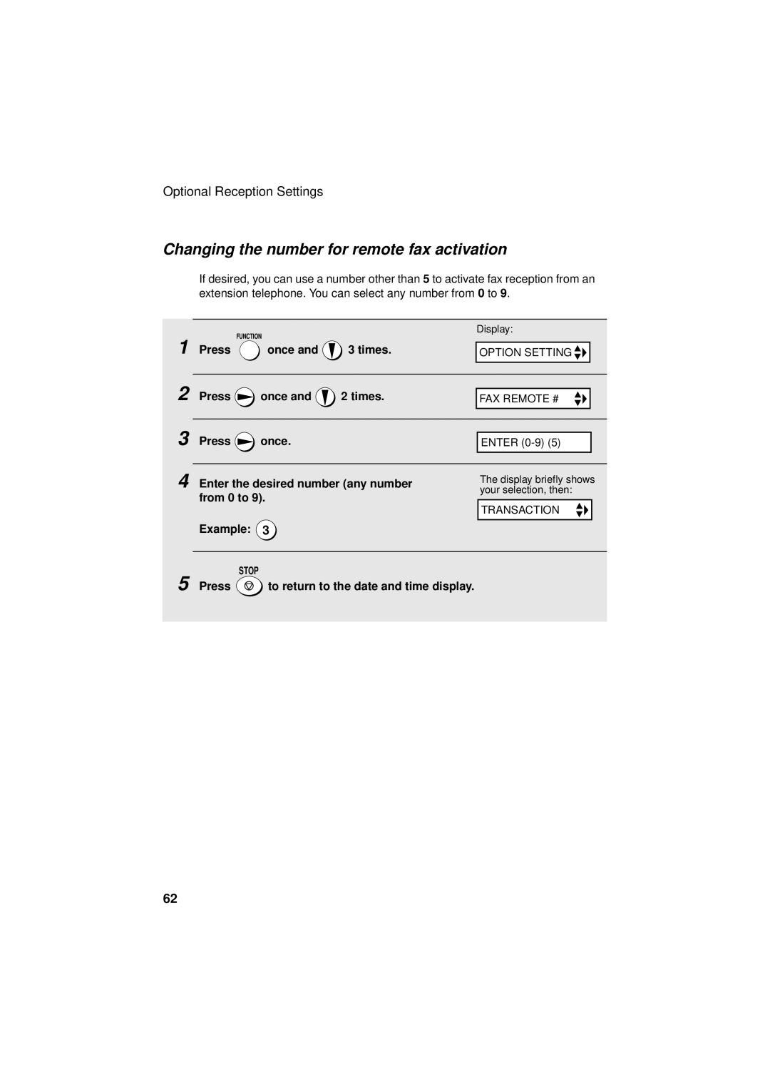 Sharp FO-3150 Changing the number for remote fax activation, Enter the desired number any number, From 0 to, Example 