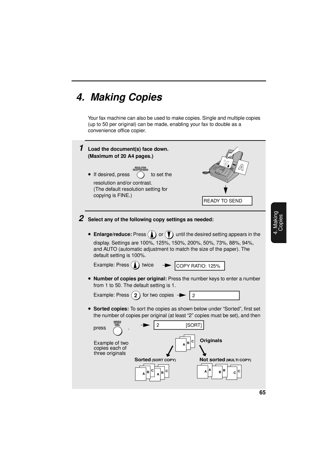 Sharp FO-3150 operation manual Making Copies, Load the documents face down. Maximum of 20 A4 pages 