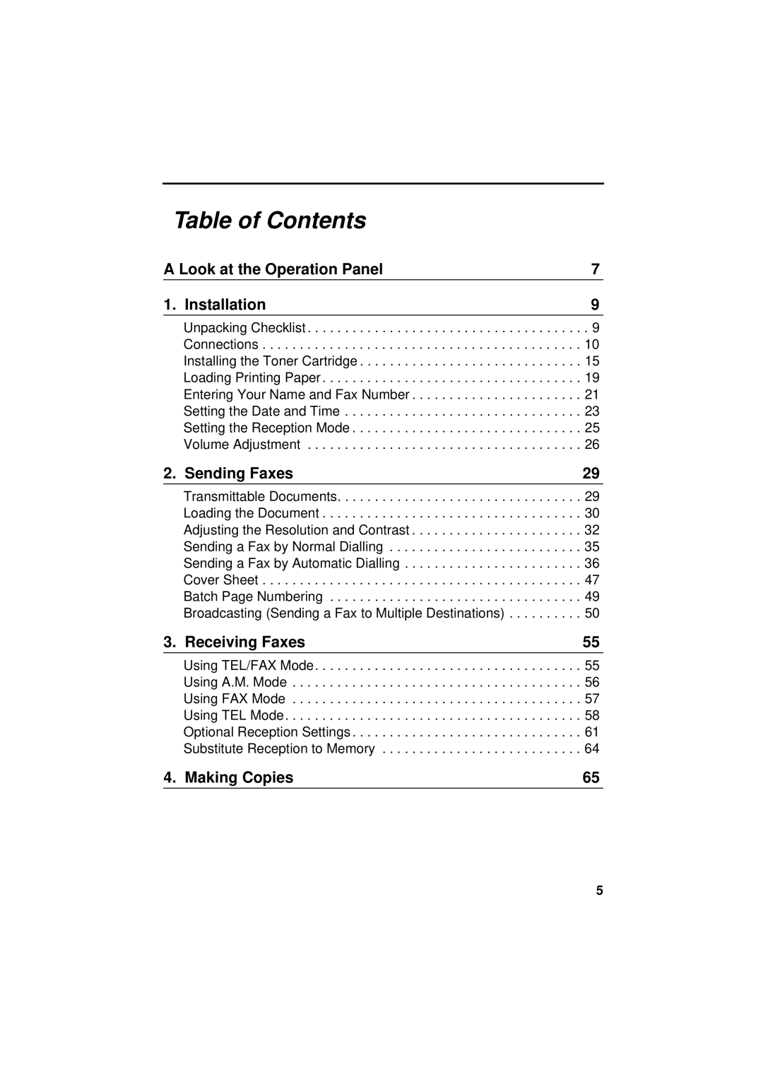 Sharp FO-3150 operation manual Table of Contents 