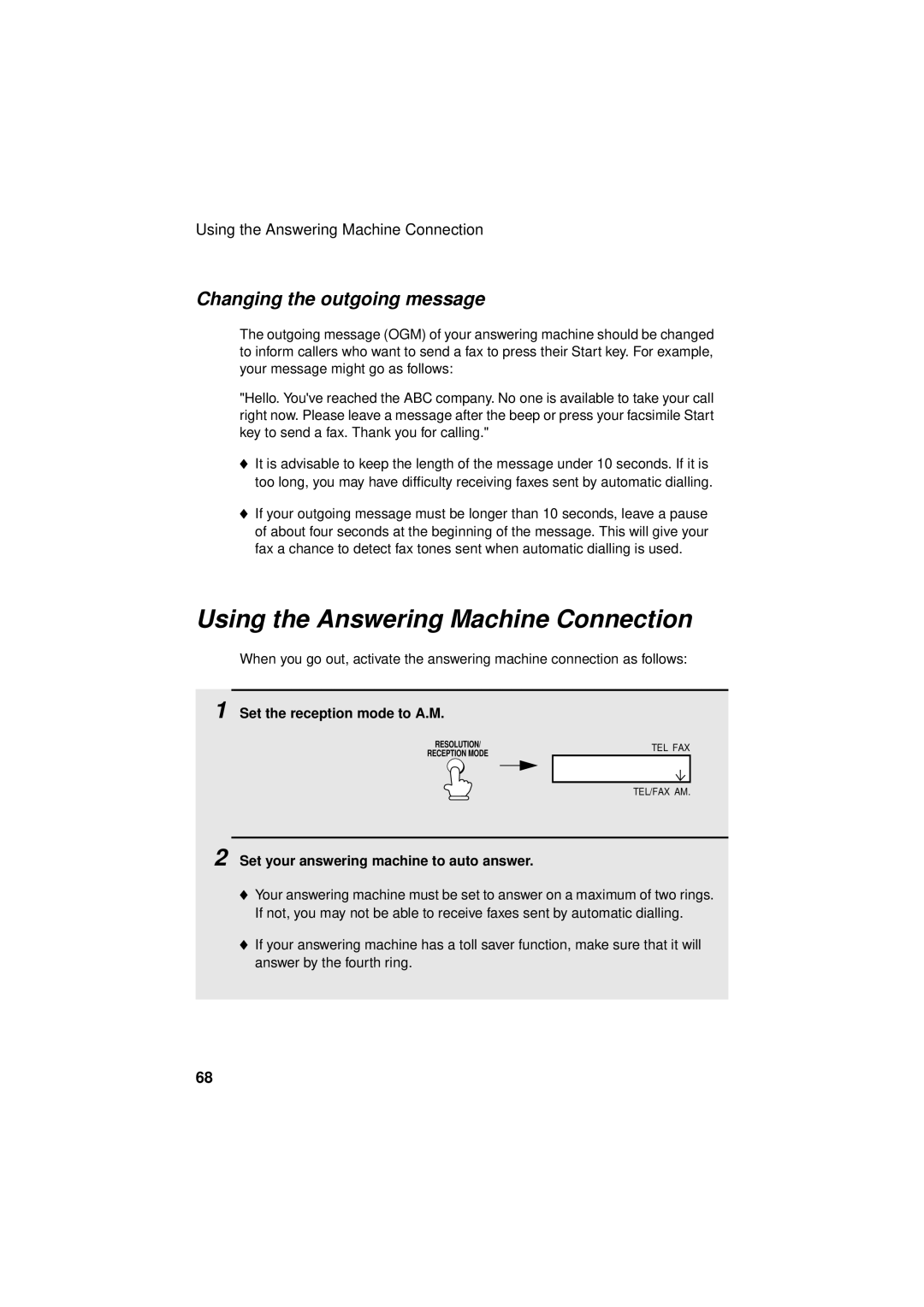 Sharp FO-3150 Using the Answering Machine Connection, Changing the outgoing message, Set the reception mode to A.M 