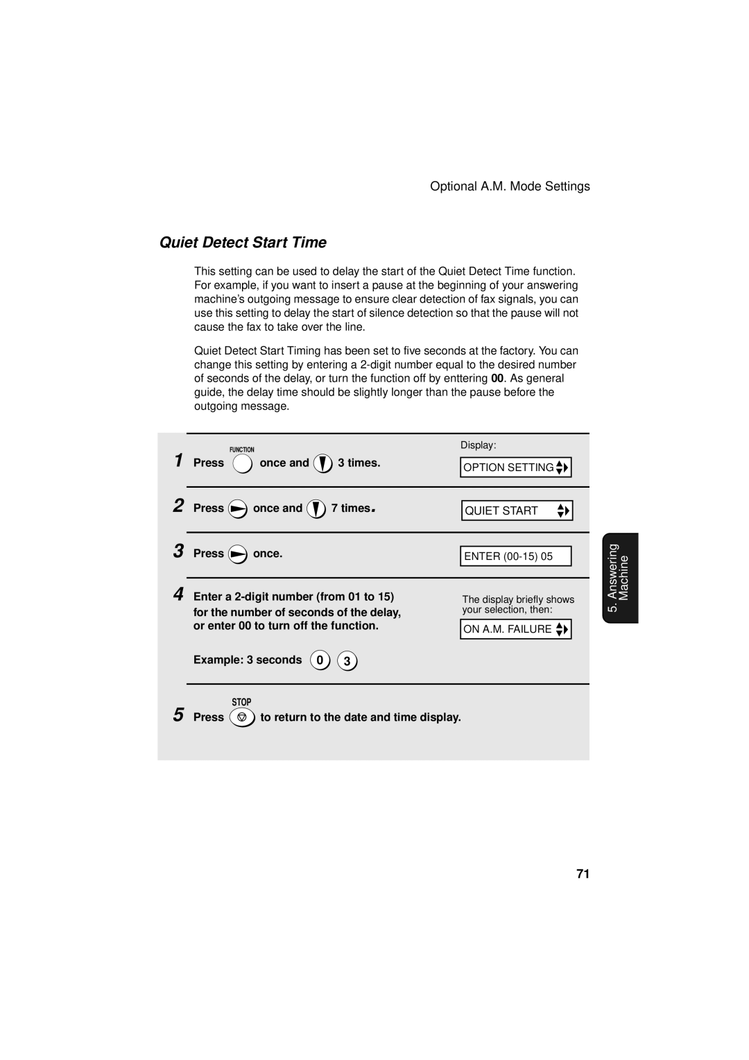 Sharp FO-3150 Quiet Detect Start Time, Enter a 2-digit number from 01 to, For the number of seconds of the delay 