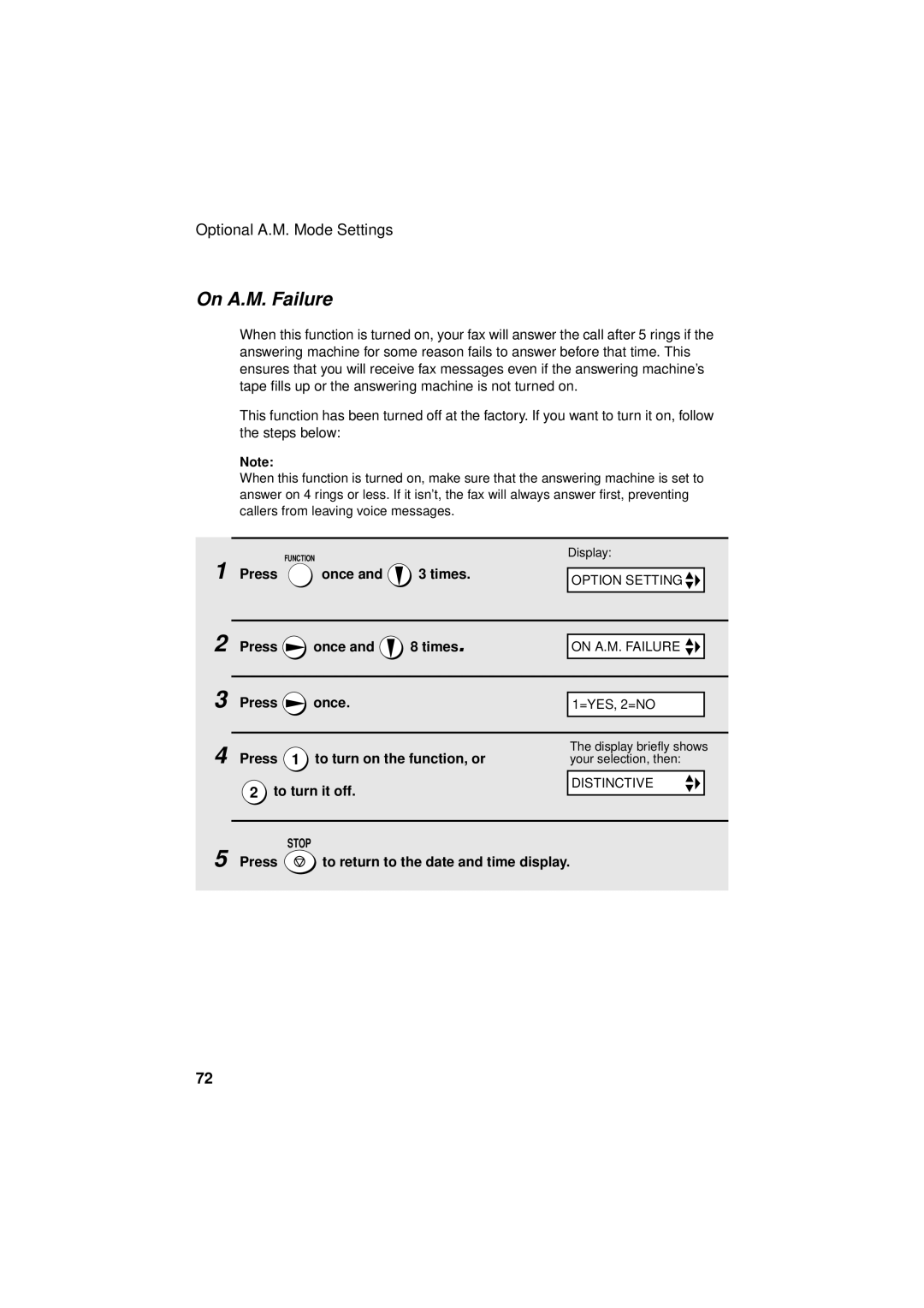 Sharp FO-3150 operation manual On A.M. Failure, Press 1 to turn on the function, or 