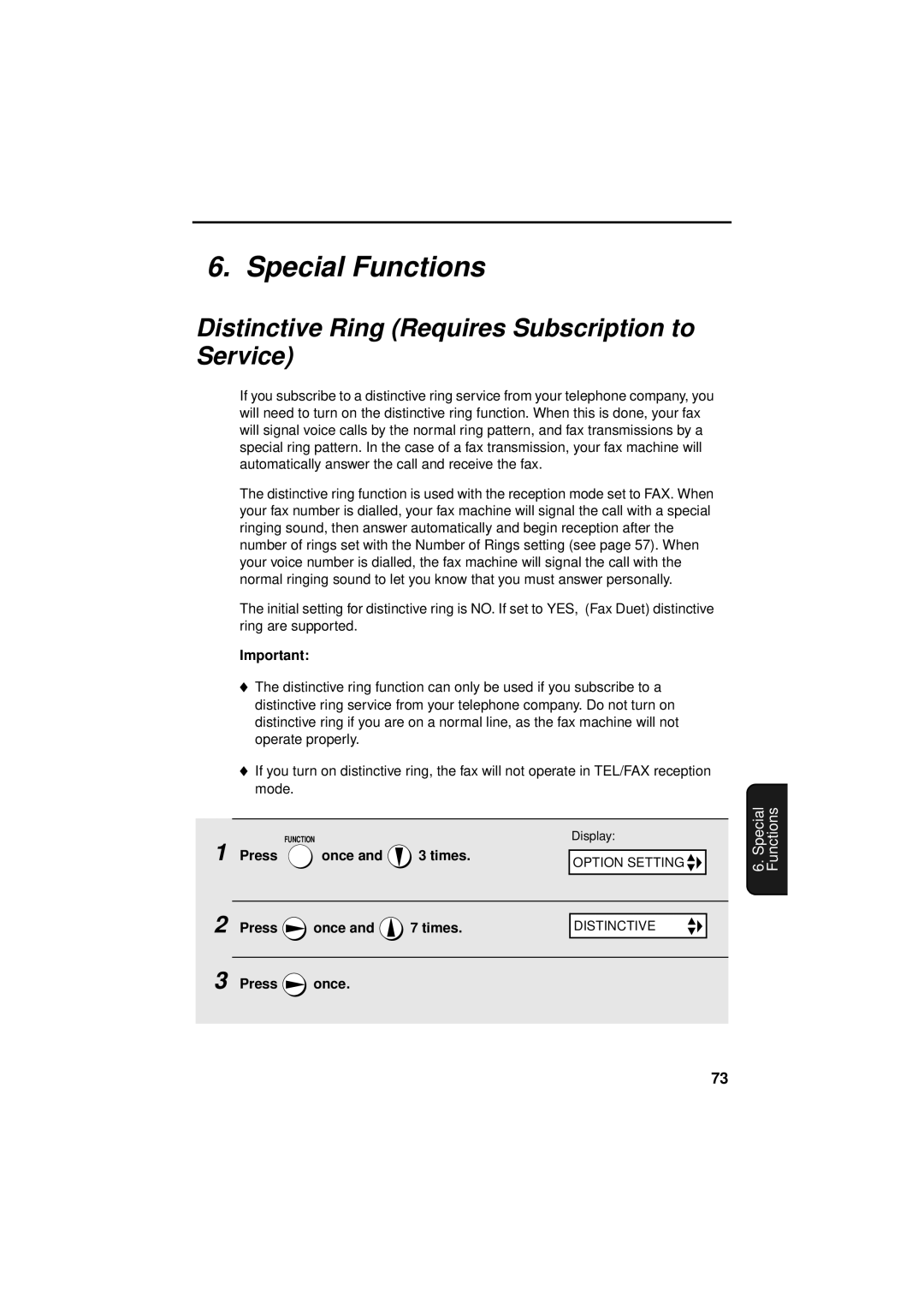 Sharp FO-3150 operation manual Special Functions, Distinctive Ring Requires Subscription to Service 