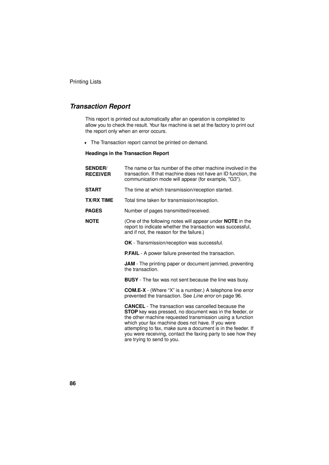 Sharp FO-3150 operation manual Headings in the Transaction Report 