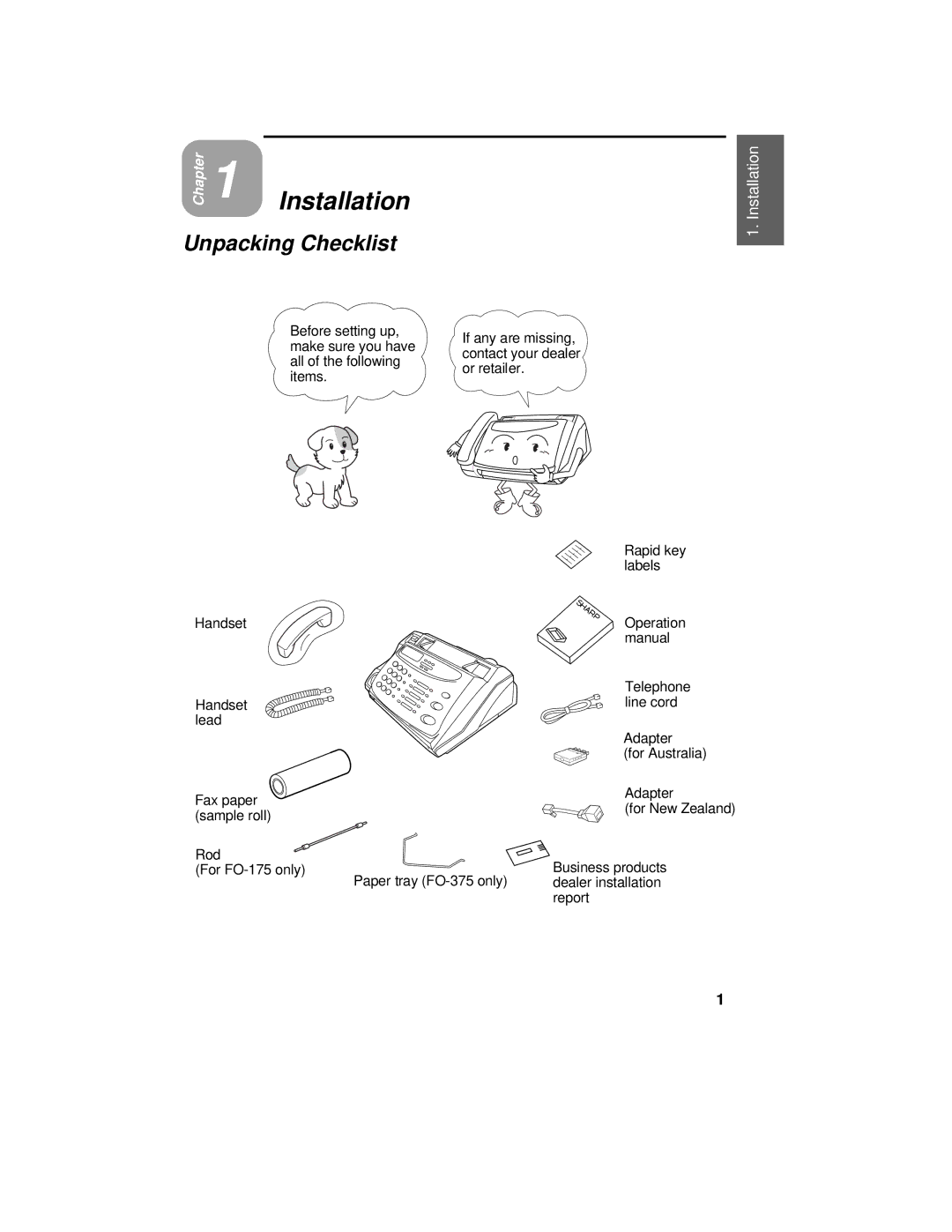 Sharp FO-375, FO-175 operation manual Installation, Unpacking Checklist 