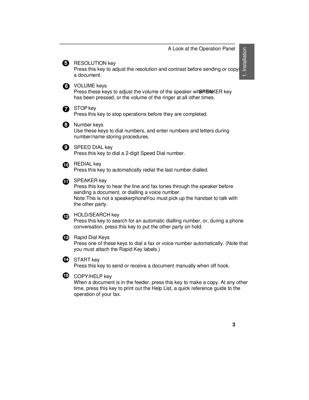 Sharp FO-375 Resolution key, Volume keys, Stop key, Number keys, Speed Dial key, Redial key, Speaker key, HOLD/SEARCH key 