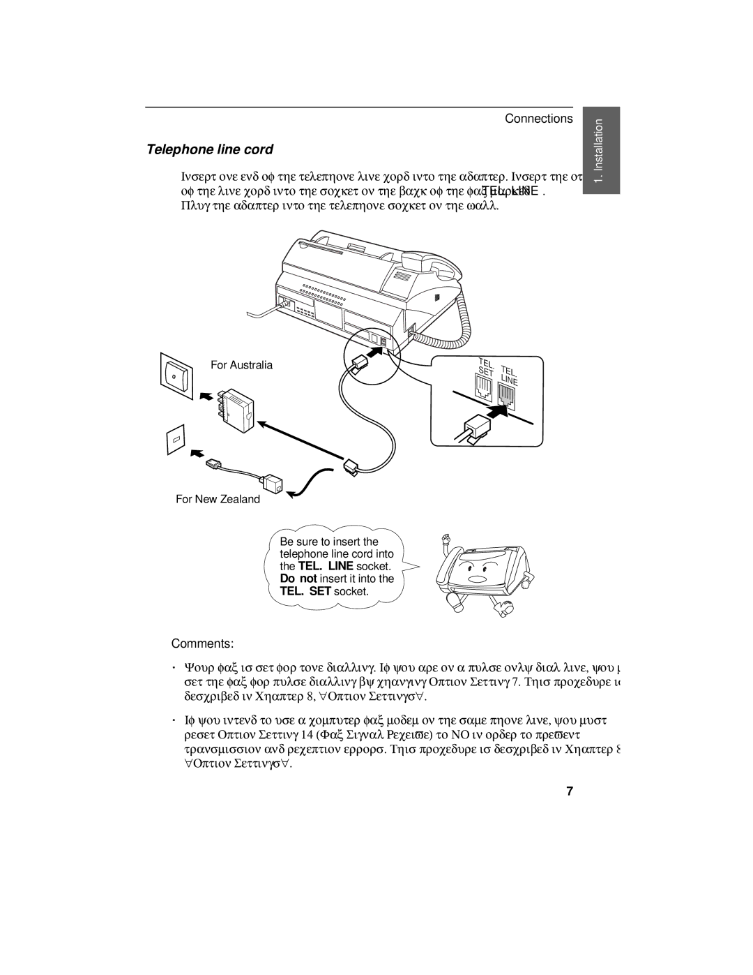 Sharp FO-375, FO-175 operation manual Telephone line cord, Comments 