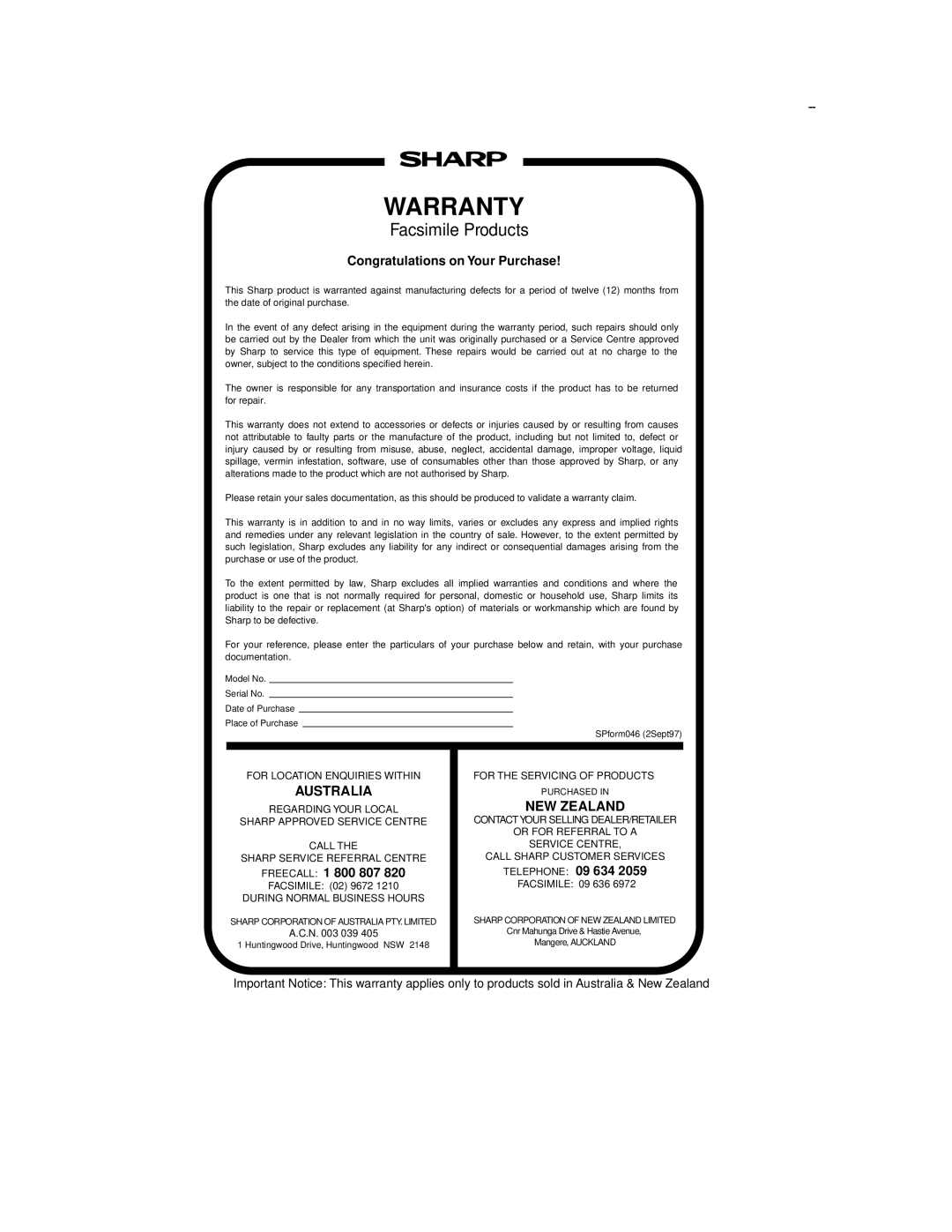 Sharp FO-375, FO-175 operation manual Warranty 