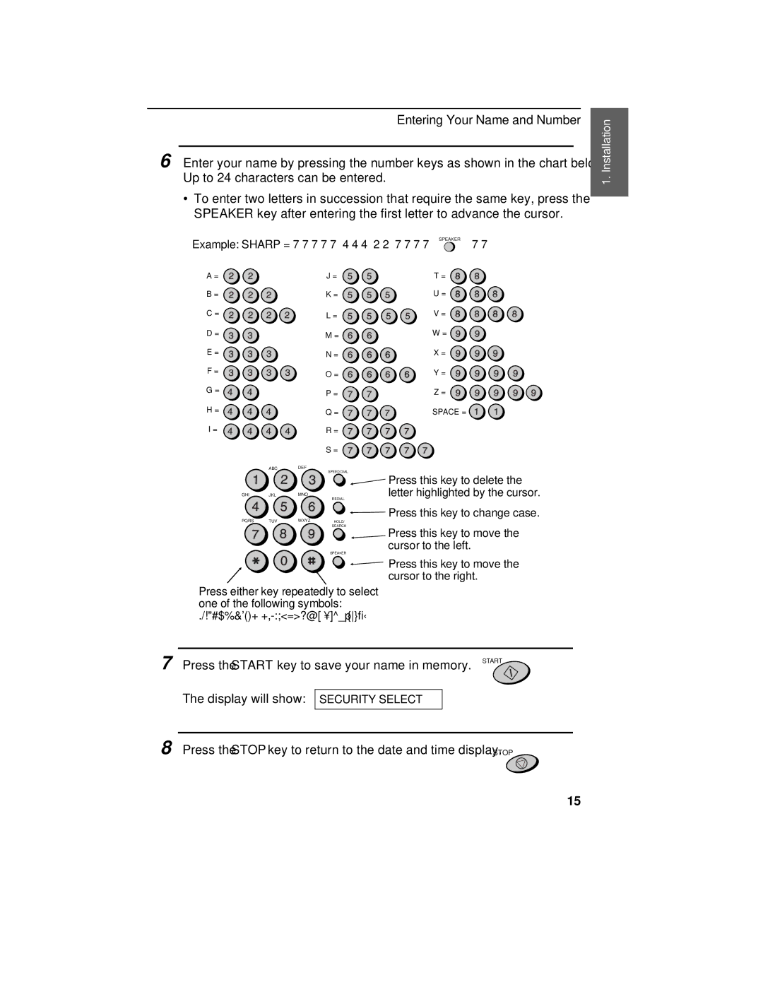 Sharp FO-375, FO-175 operation manual Press the Start key to save your name in memory 