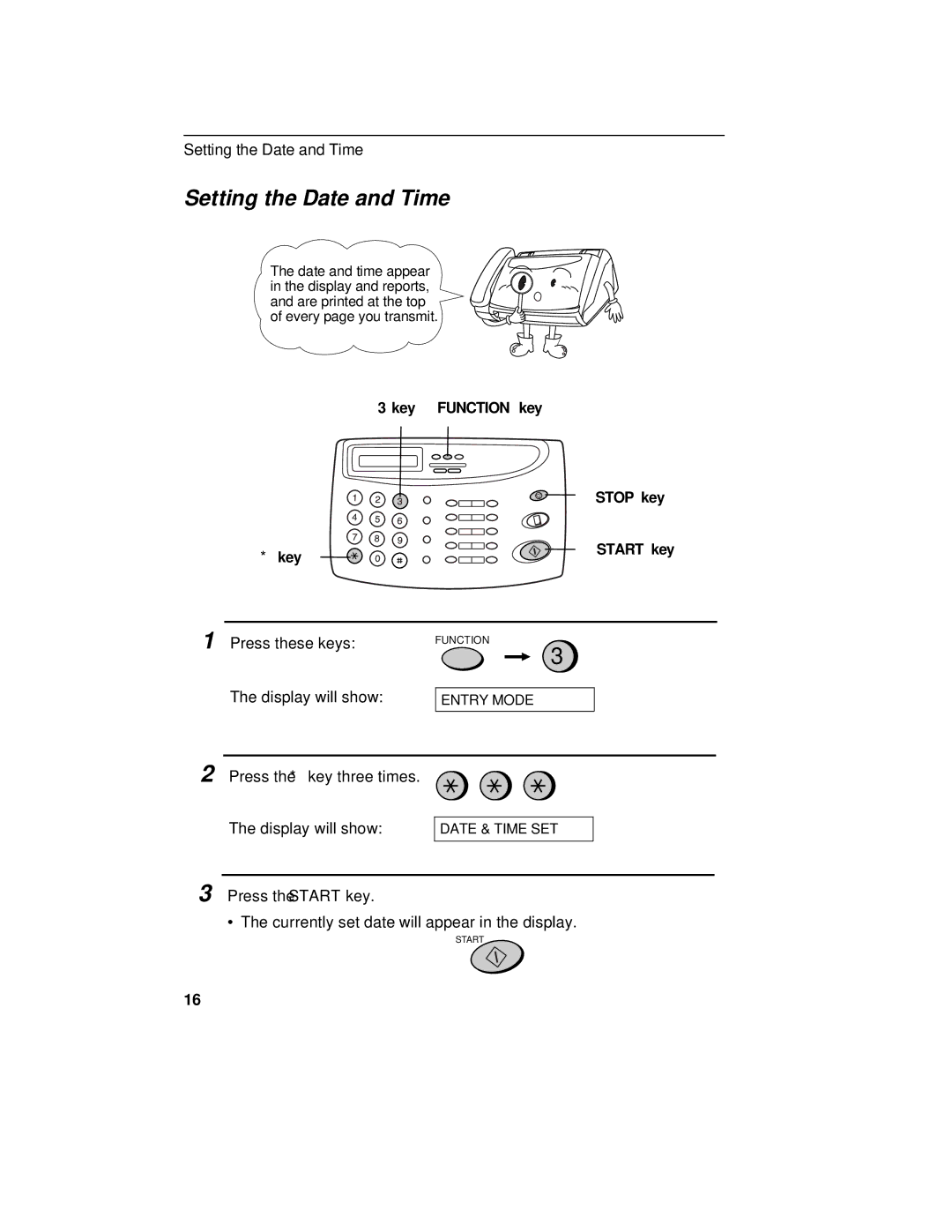 Sharp FO-175, FO-375 operation manual Setting the Date and Time, Key Function key Stop key Start key 