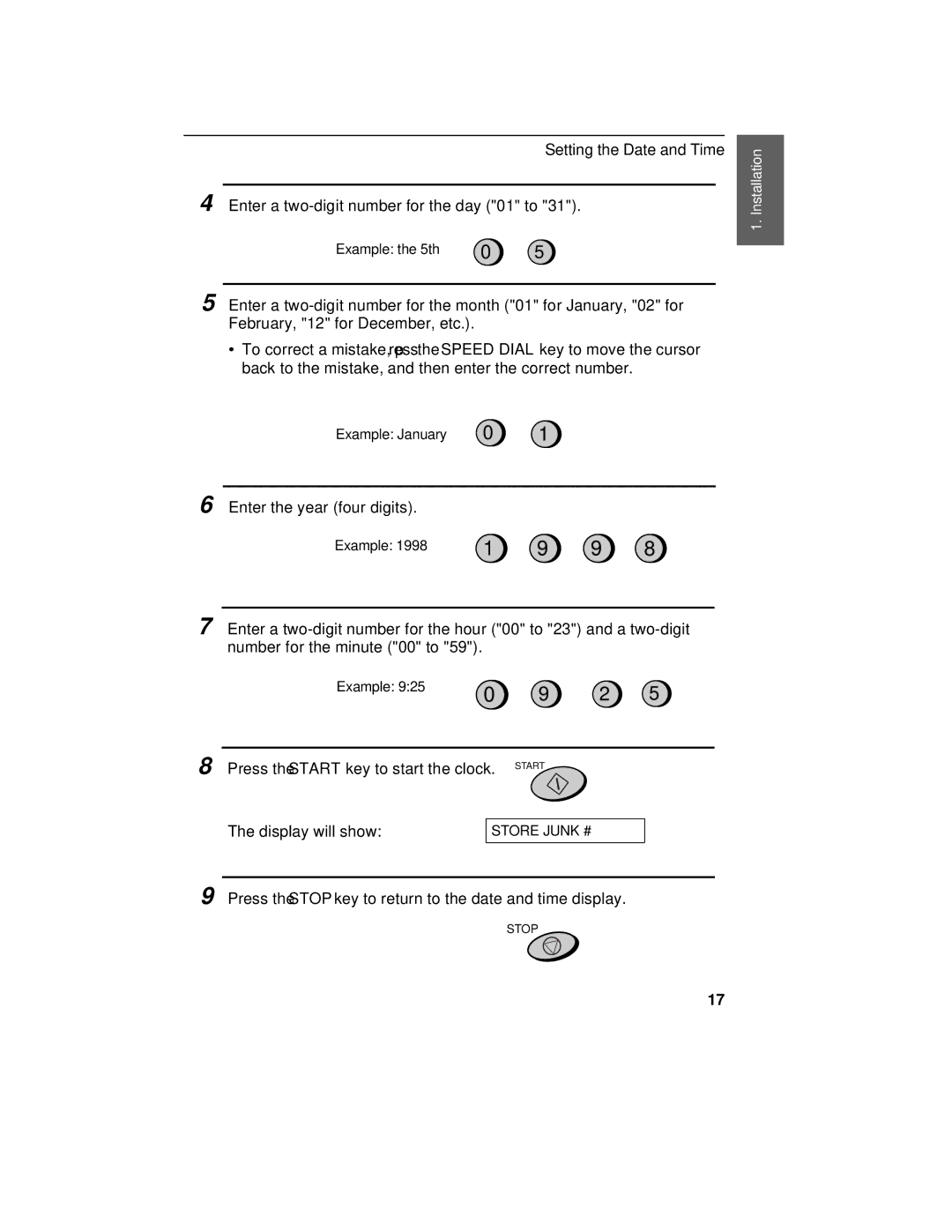 Sharp FO-375, FO-175 operation manual Enter a two-digit number for the day 01 to 