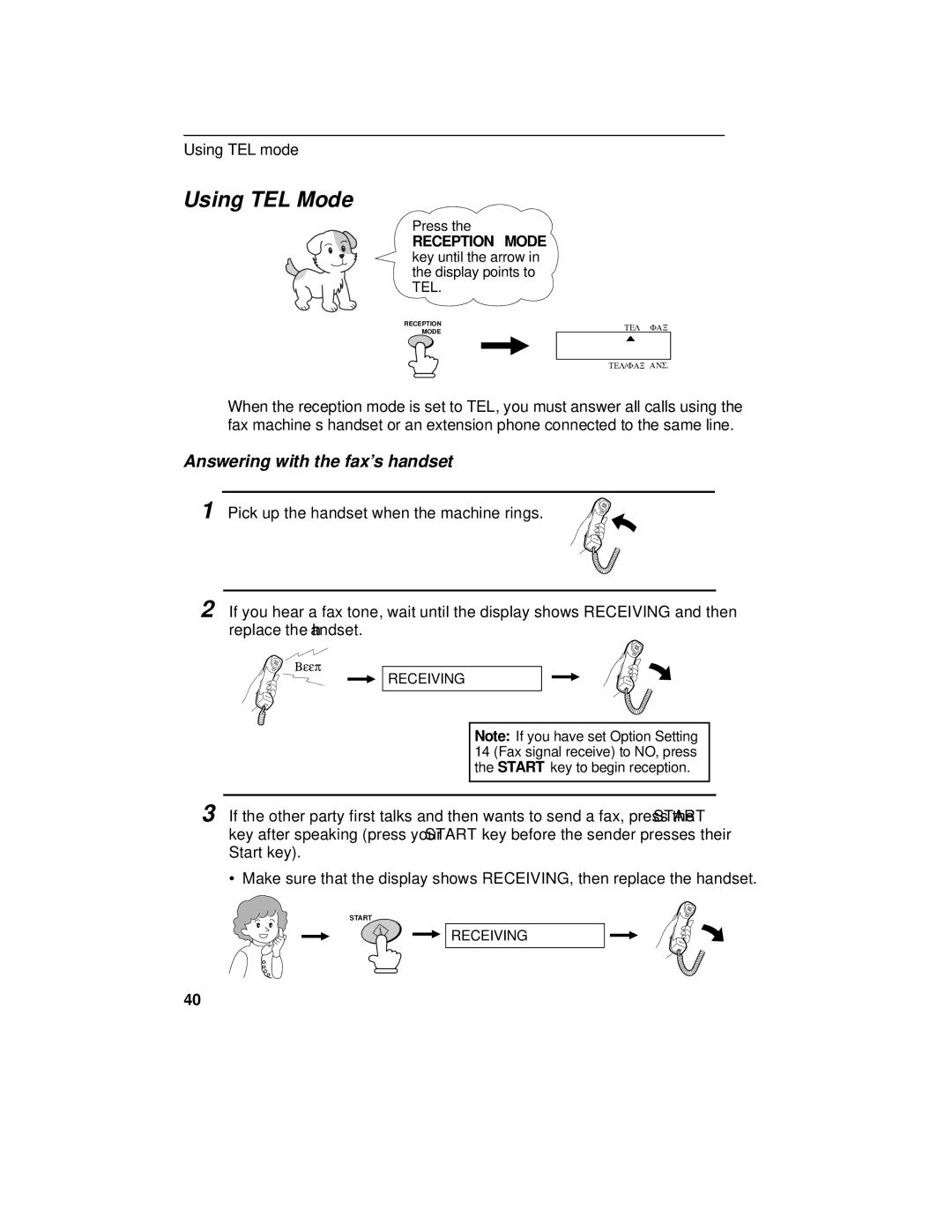 Sharp FO-175, FO-375 operation manual Using TEL Mode, Answering with the fax’s handset 